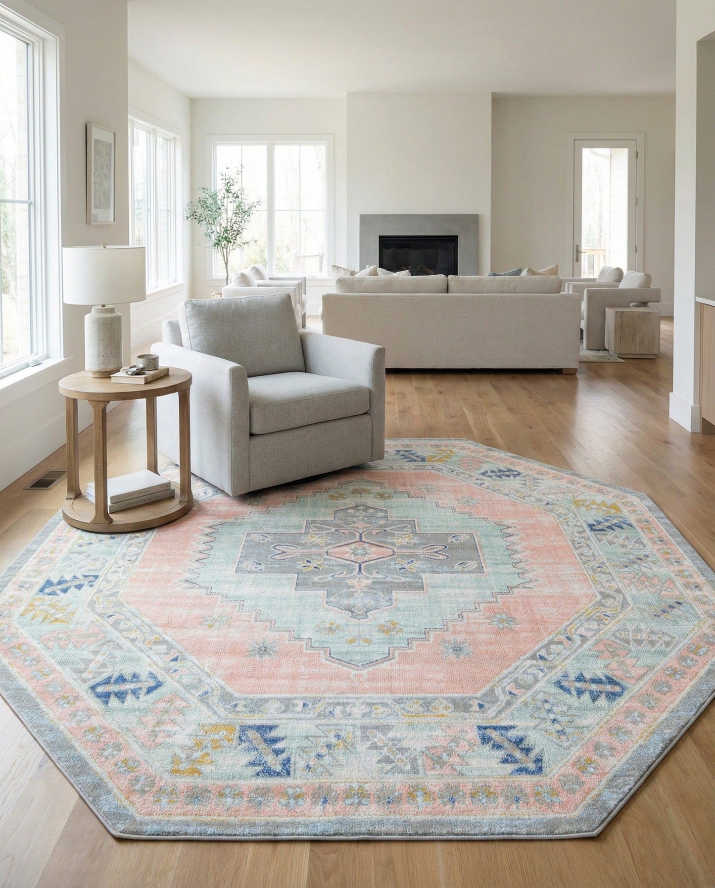 Rugs.com - Whitney Collection Rug – 8 Ft Octagon Pink Easy-Clean Flatweave Rug Vintage Medallion Design for Living Rooms, Dining Rooms, and Entryways