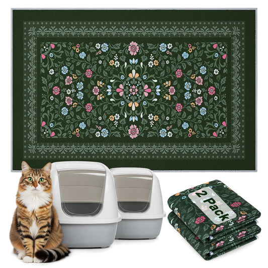 Bienbee Cat Litter Mat, 2PCS 33"x22" Machine Washable Litters Box Mats Non-Slip &Waterproof Cat Litters Trapping Mats Easy to Clean Mat for Litter Box Less Waste Protects Floors Dark Green L