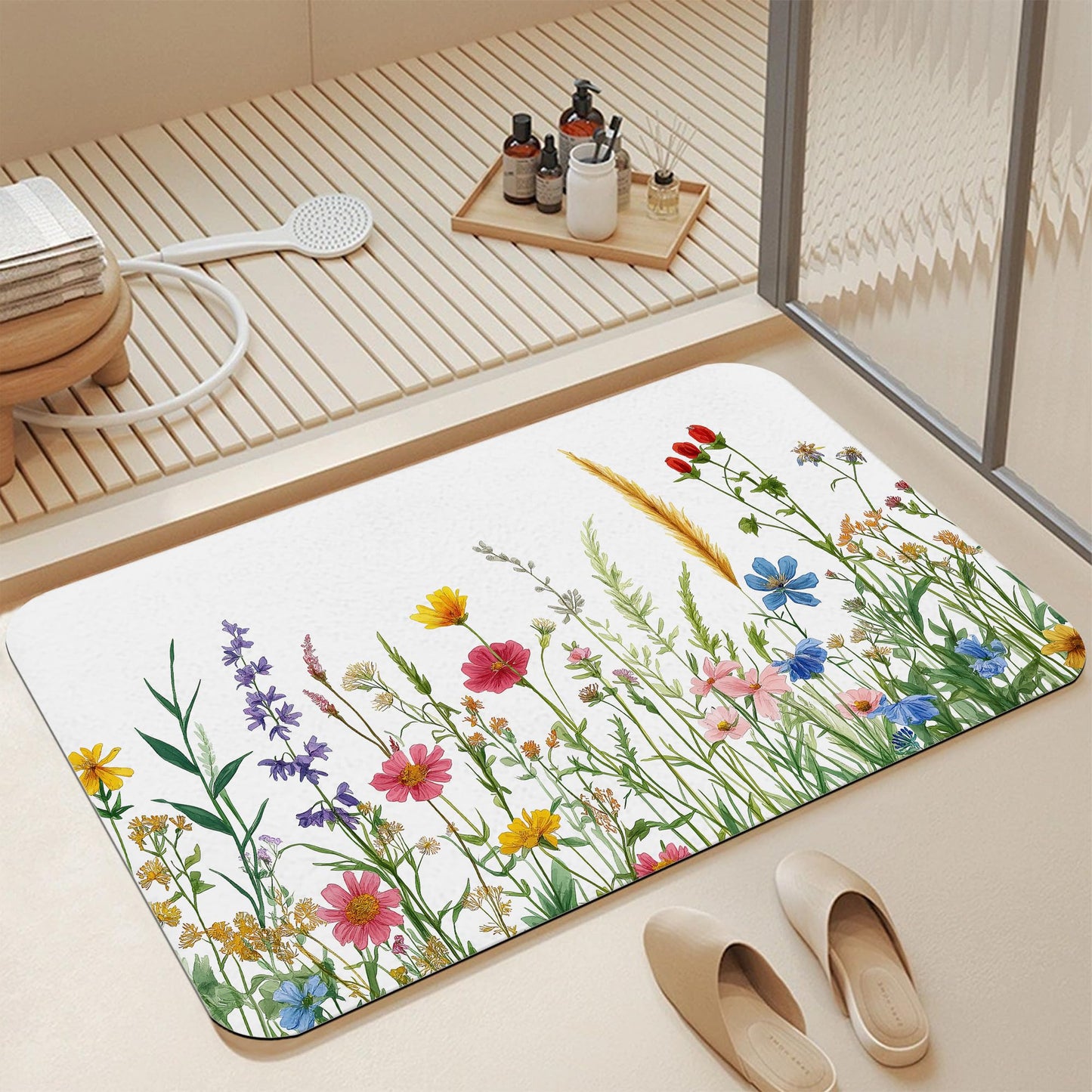 GYYGOO Bath Mats for Bathroom,Spring Wildflower Bathroom Rugs,Rustic Garden Floral Diatomaceous Bath Rug Quick Dry, Non Slip Super Absorbent Low Profile Doormat for Home Kitchen Patio 17 X 29.5 Inch