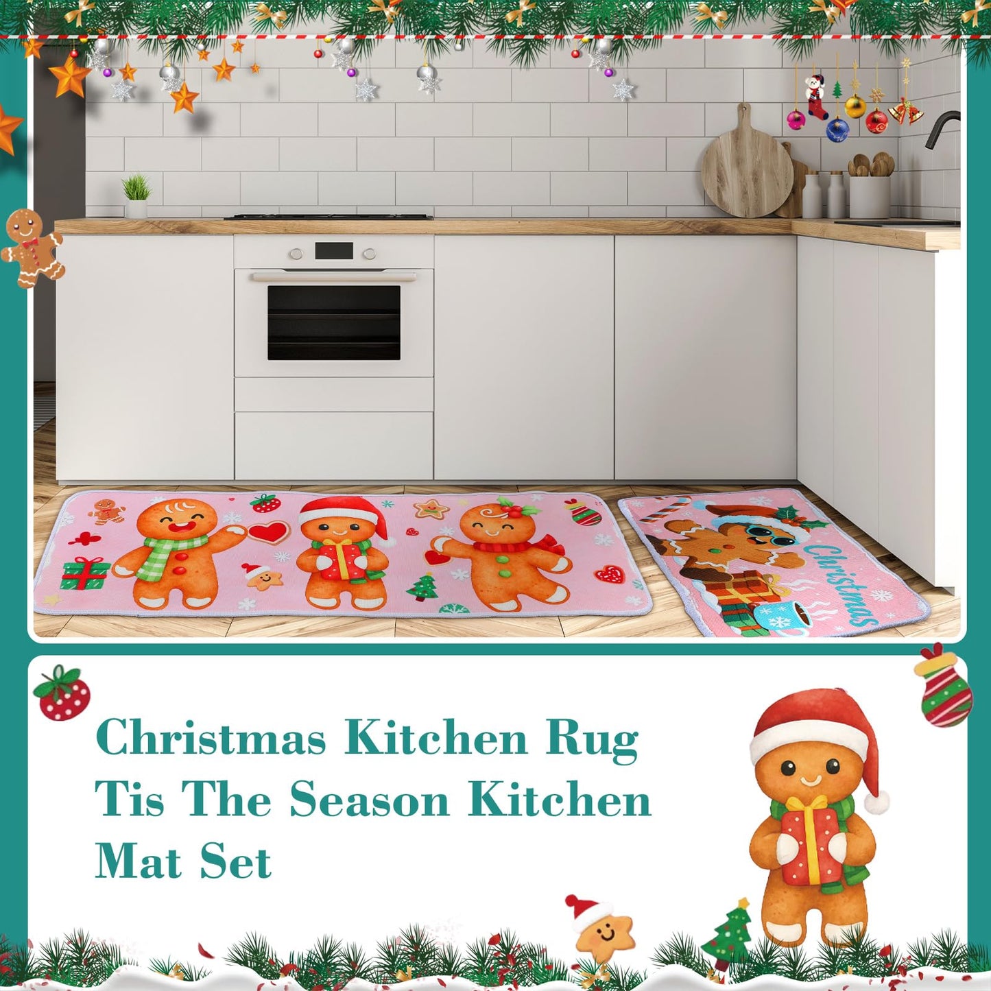 Dunzy 2 Pcs Christmas Gingerbread Man Kitchen Rugs Set Pink Gingerbread Christmas Decor Cute Xmas Kitchen Mats for Floor Door Home Party Decorations Winter, 16 x 29+16 x 47 Inches