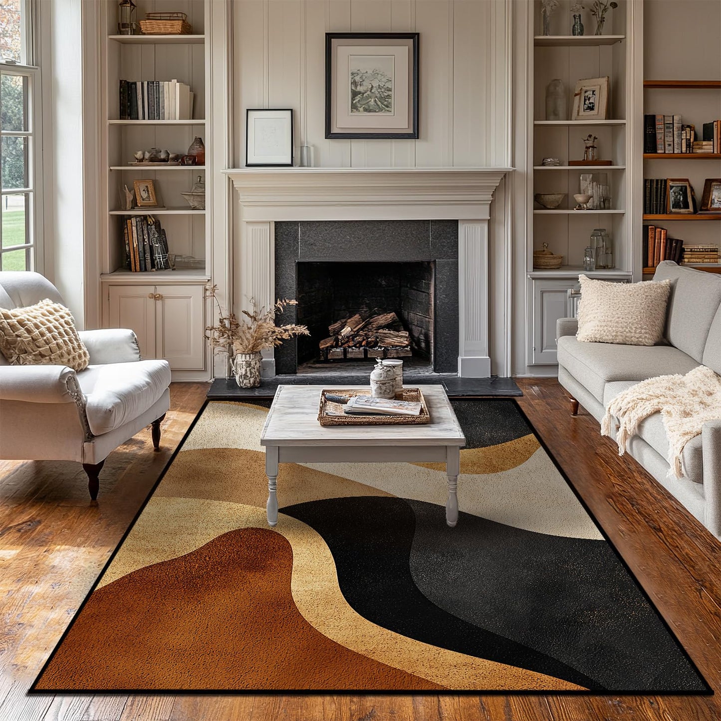 Brown Abstract Area Rug Black Tan Washable 5x7 Rugs for Living Room Bedroom Earth Tone Non-Slip Soft Floor Large Carpet for Office Entryway Bathroom