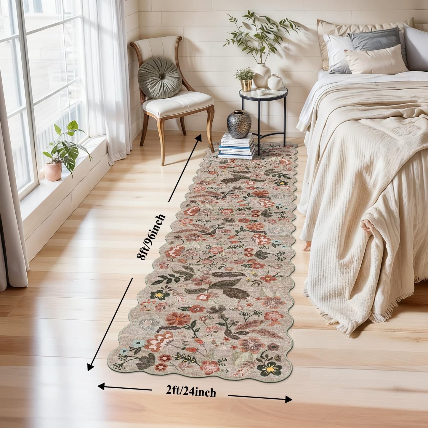 2x8 ft Non-Slip Washable Hallway Runner Rug – Boho Vintage Floral Carpet Runner for Kitchen, Bathroom, Bedroom & Entryway – Low-Pile Thin Soft Rug with Scalloped Edge (Beige Brown, 2x8)