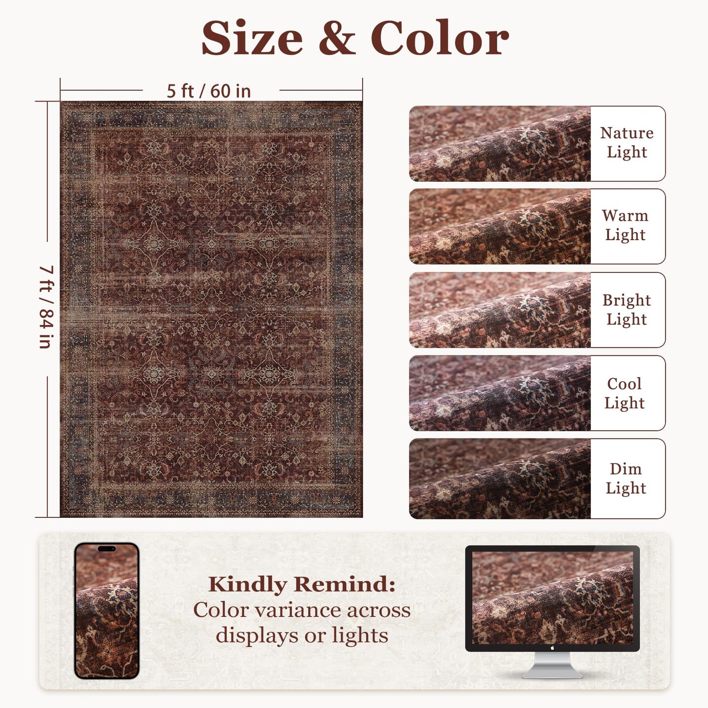 Jainmy Moody Brick Area Rugs 5x7, Distressed Oriental Living Room Rug Washable, Non Slip Low Pile Thin Carpet Rugs for Bedroom/Dining Room/Home Office/Kitchen, Vintage Brick Red Stain-Resistant