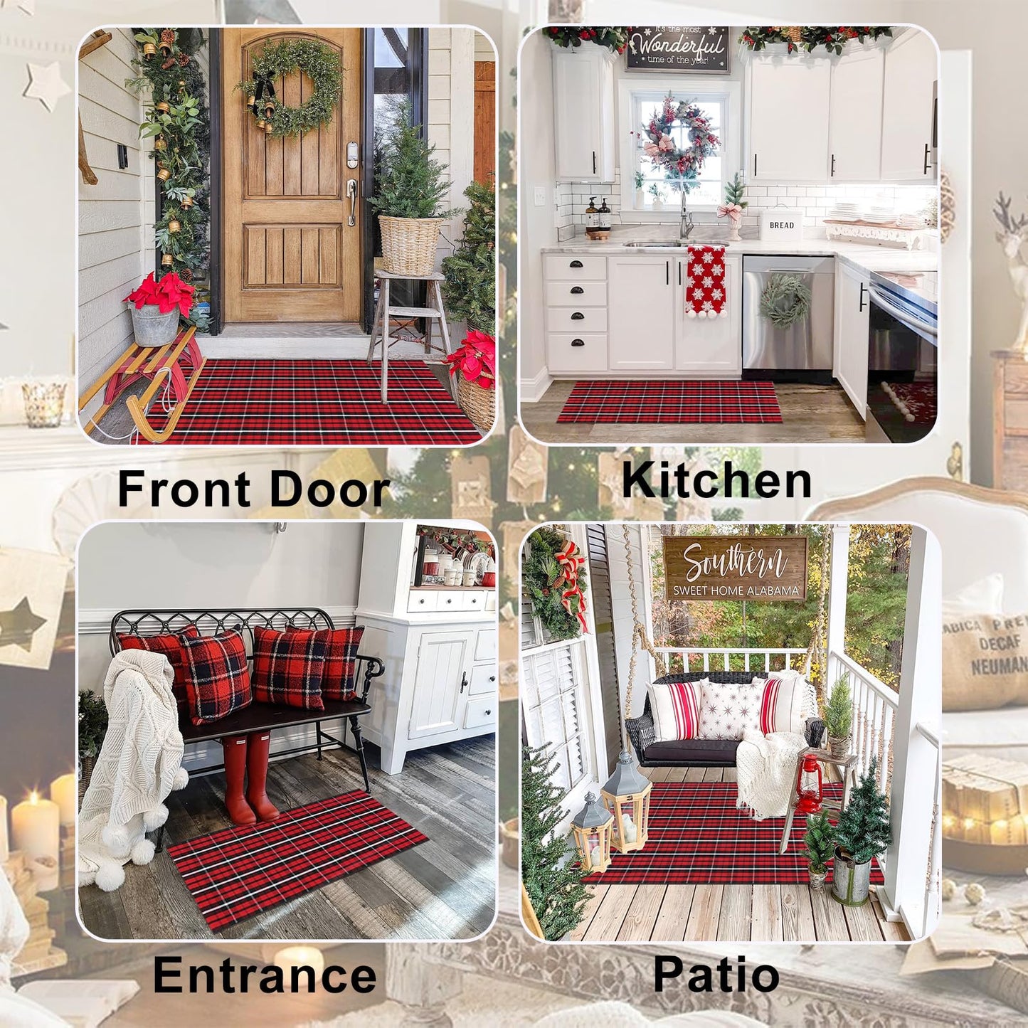 Christmas Rugs Red and Black Plaid, 8'x10' Area Rug Outdoor Indoor Front Porch Doormat Cotton Hand-Woven Layered Door Mats for Entryway Patio Entryway Laundry Bedroom Living Room