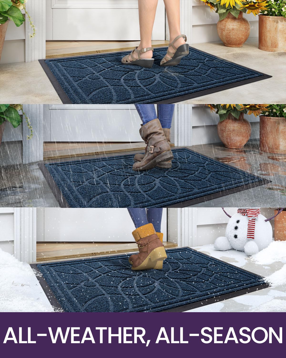DEXI Front Door Mat Outside Entrance 24x47, Heavy Duty Non Slip Low Profile Doormat for Entryway, Trap Dirt and Moisture Welcome Mats, Easy Clean, Patio, Garage, Blue