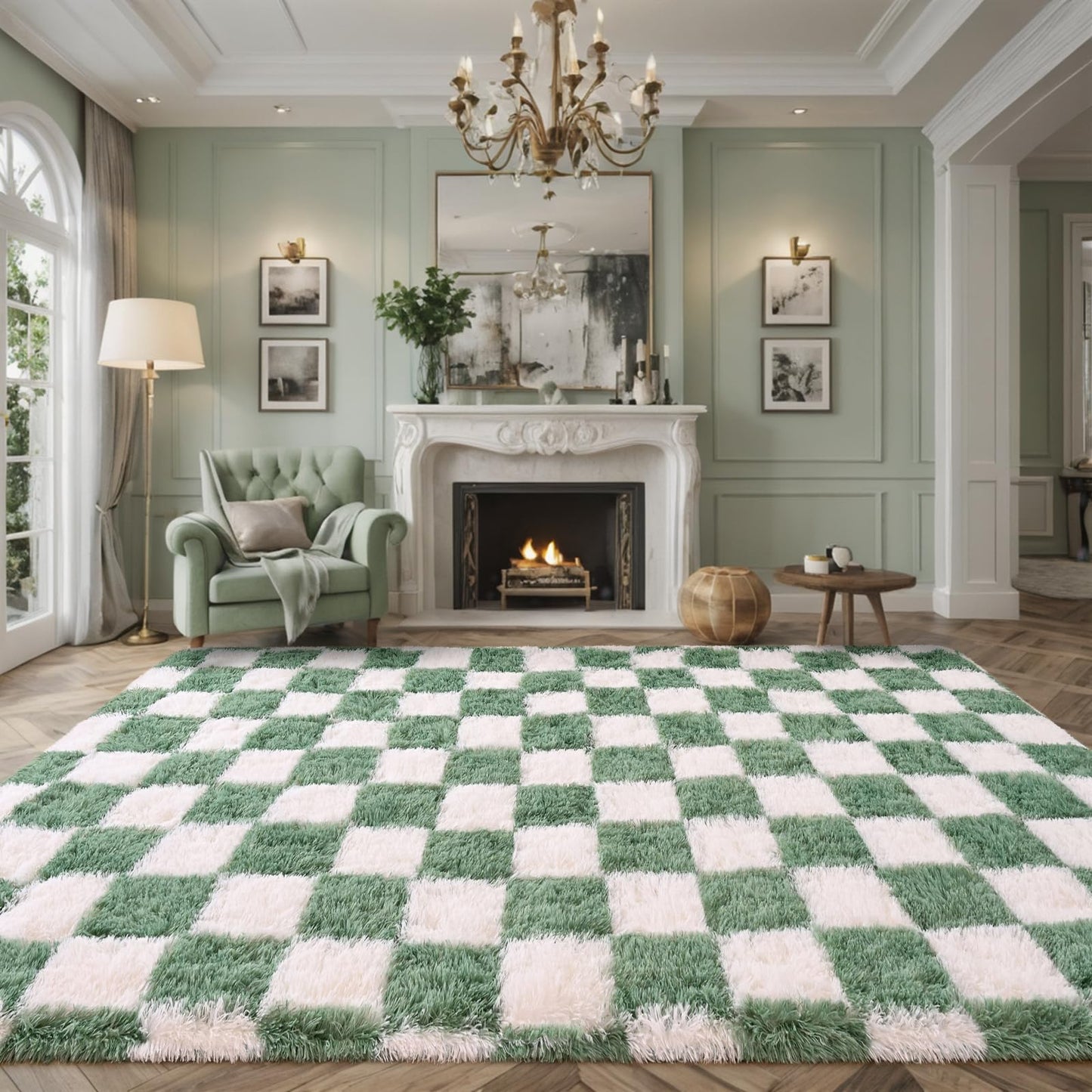 Nuttumico 4x6 Feet Sage Green White Checkered Rug, Fluffy Plaid Area Rug for Bedroom Living Room, Soft Shag Shaggy Carpet for Girls Room, Nursery Dorm, Non-Slip, High Pile