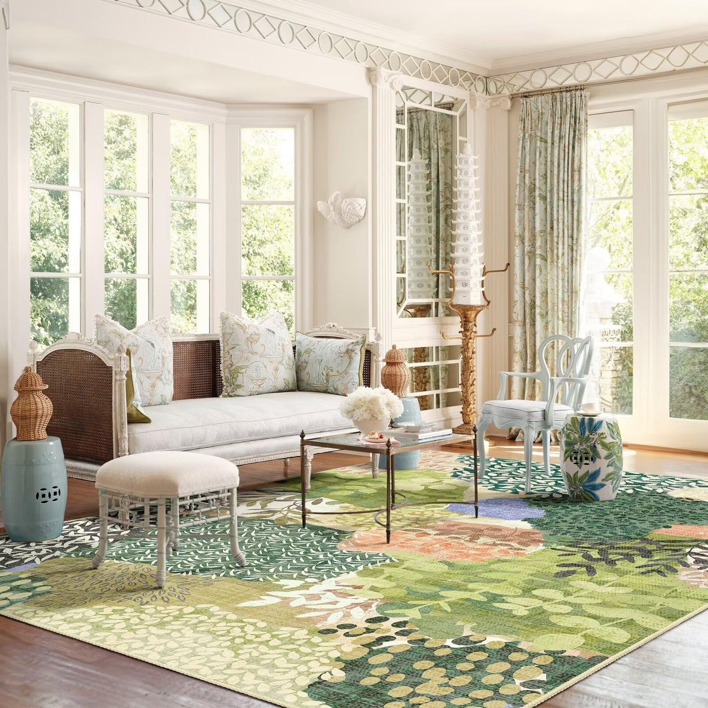 DEXDE Washable Area Rugs 5x7 Tropical Non-Slip Abstract Leaf Floral Boho Soft Rug for Living Room Bedroom Botanical Large Carpet for Entryway Kids Playroom Office,Green