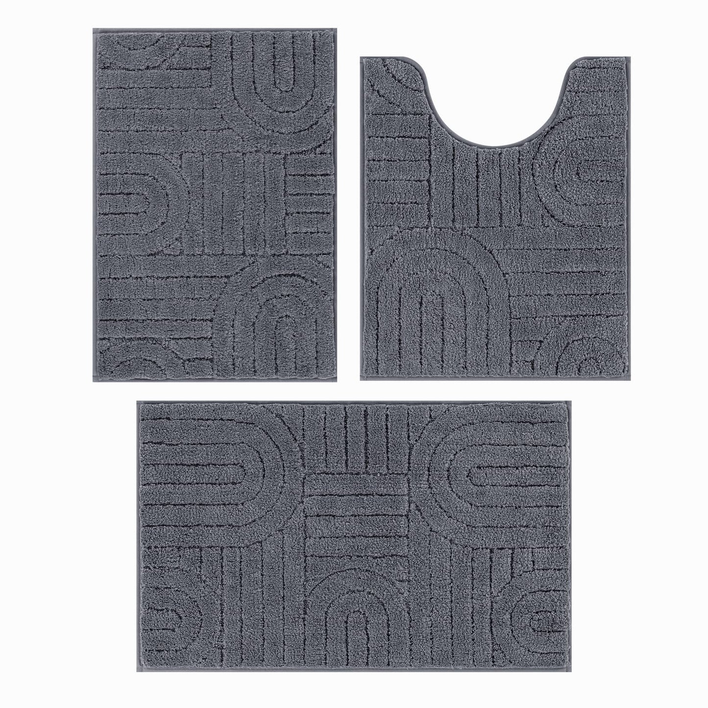 Vaukki Bathroom Rugs Sets 3 Piece, Grey Washable Non Slip Soft Bath Mats for Shower and Tub, Plush Absorbent Microfiber Toilet Rug U Shaped, 32x20+26x18+24x20 Inch