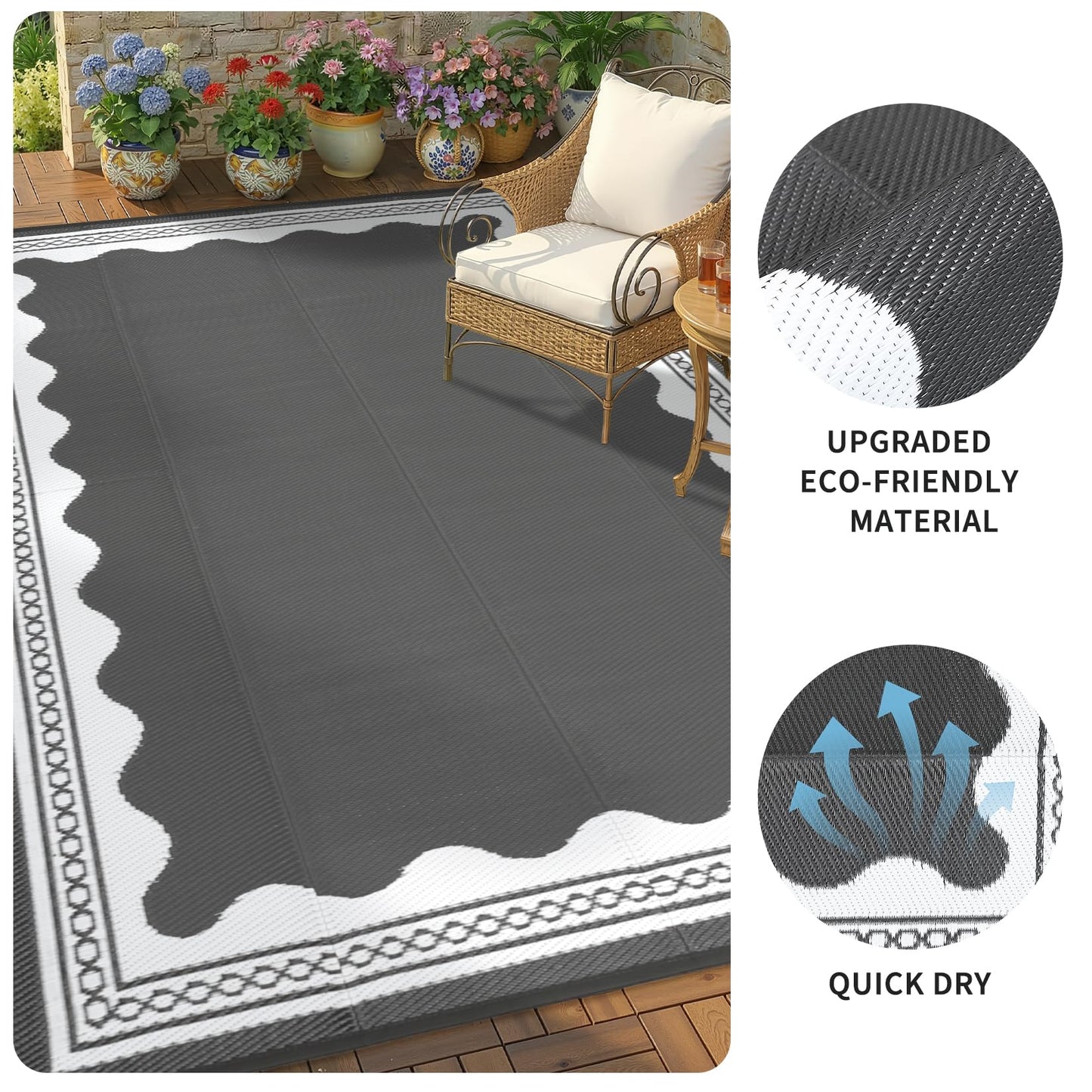 Garvee Outdoor Rug 5x8 Scalloped Waterproof Patio RV Outdoor Rugs Reversible Foldable Plastic Straw Rug Modern Camping Carpet for Deck Camper Porch Balcony Backyard Picnic Beach Grey