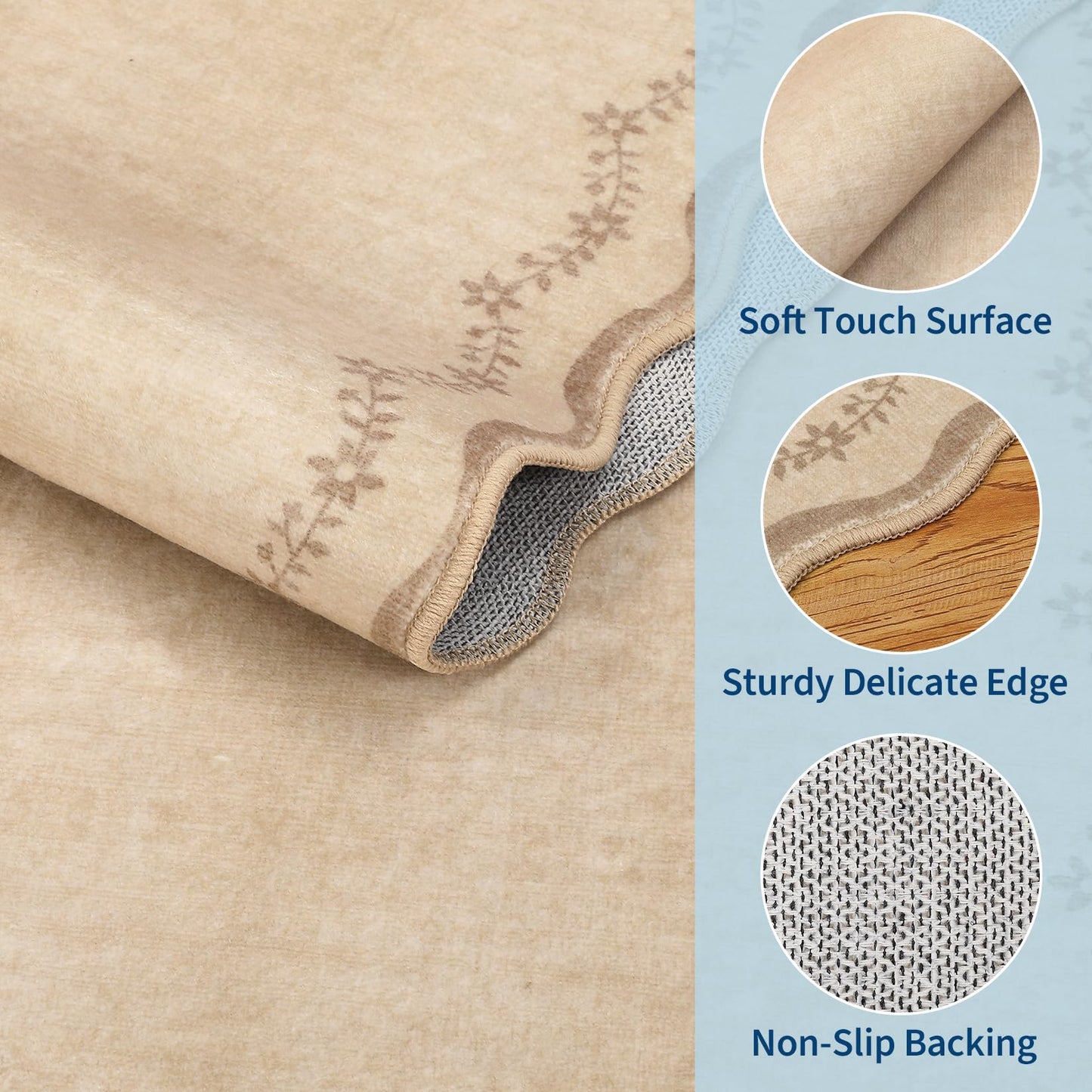 GarveeHome 5x7 Scalloped Area Rug Tan Jute Washable Rugs for Living Room Bedroom, Soft Low Pile Non Slip Accent Floor Mat Solid Floral Print Throw Rug Farmhouse Indoor Carpet for Dorm Playroom