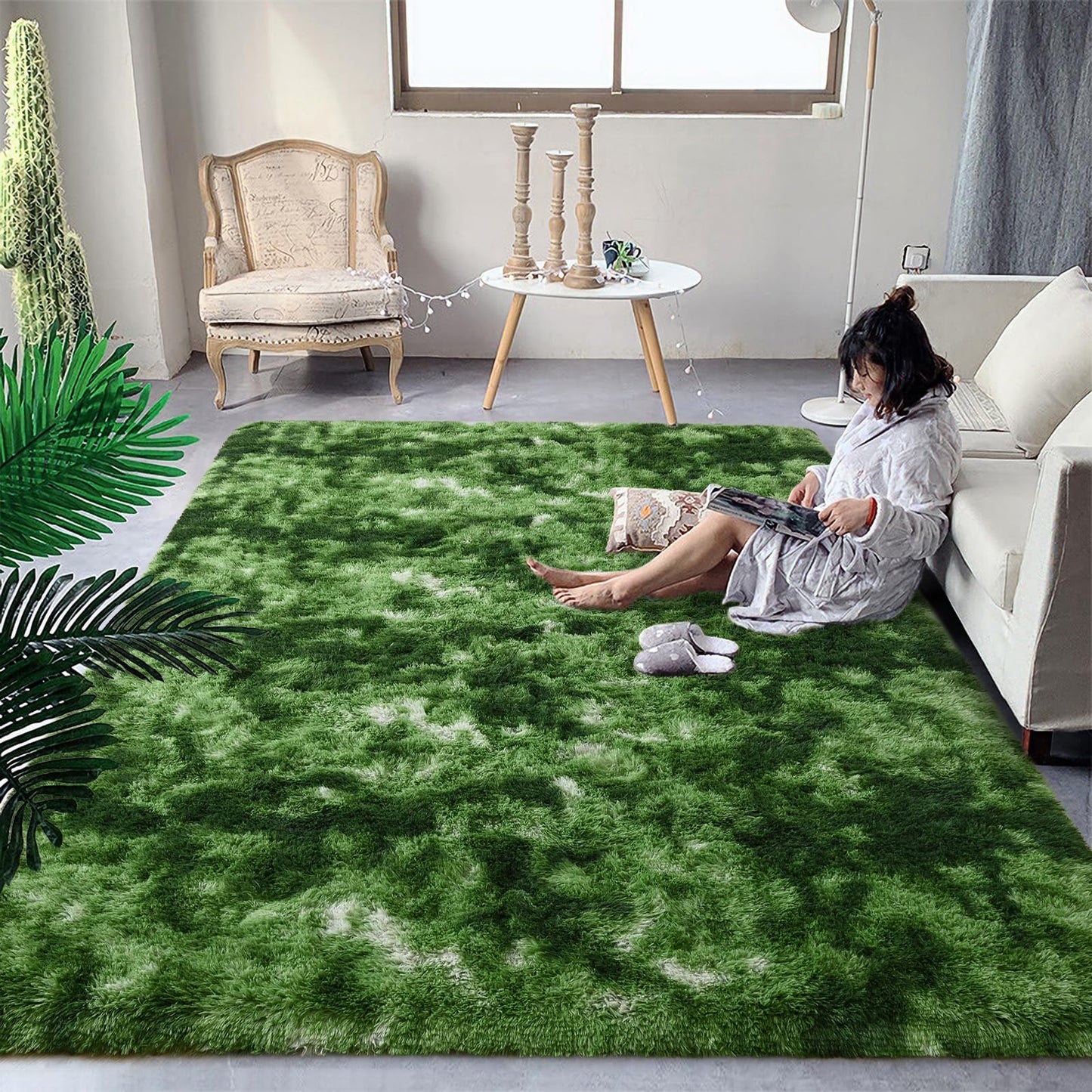 DweIke Fluffy Dark Green Rugs for Bedroom Living Room, 3x5 Feet Soft Plush Shaggy Tie-Dyed Forest Moss Green Girls Boys Kids Rug, Non-Slip and Machine Washable Carpet for Dorm Nursery Decor