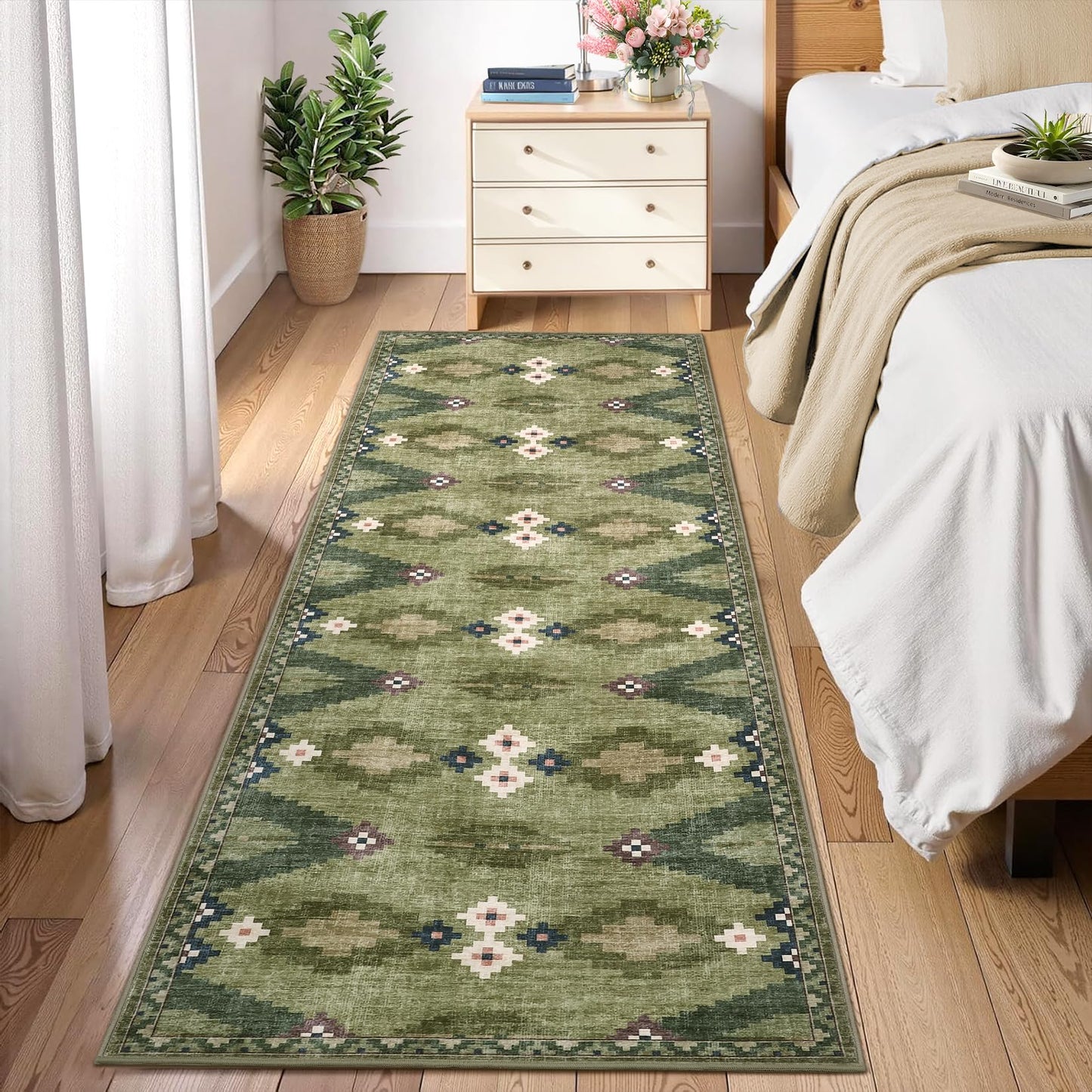 Hallway Runner Rug 2x6 Modern Geometric Non Slip Kitchen Runner Carpets Stain Resistant Mid Century Tribe Runners Soft Low Pile Boho Runner Mat for Laundry Bedroom Living Room Nursery Bedside, Green