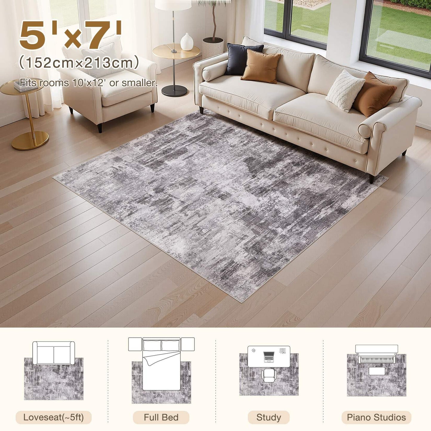 kakania 5x7 Washable Area Rug - Abstract Soft Non-Slip Modern Low-Pile Carpet for Living Room Bedroom Office Dorm, Kid Pet Safe Robot Vacuum Friendly - Grey