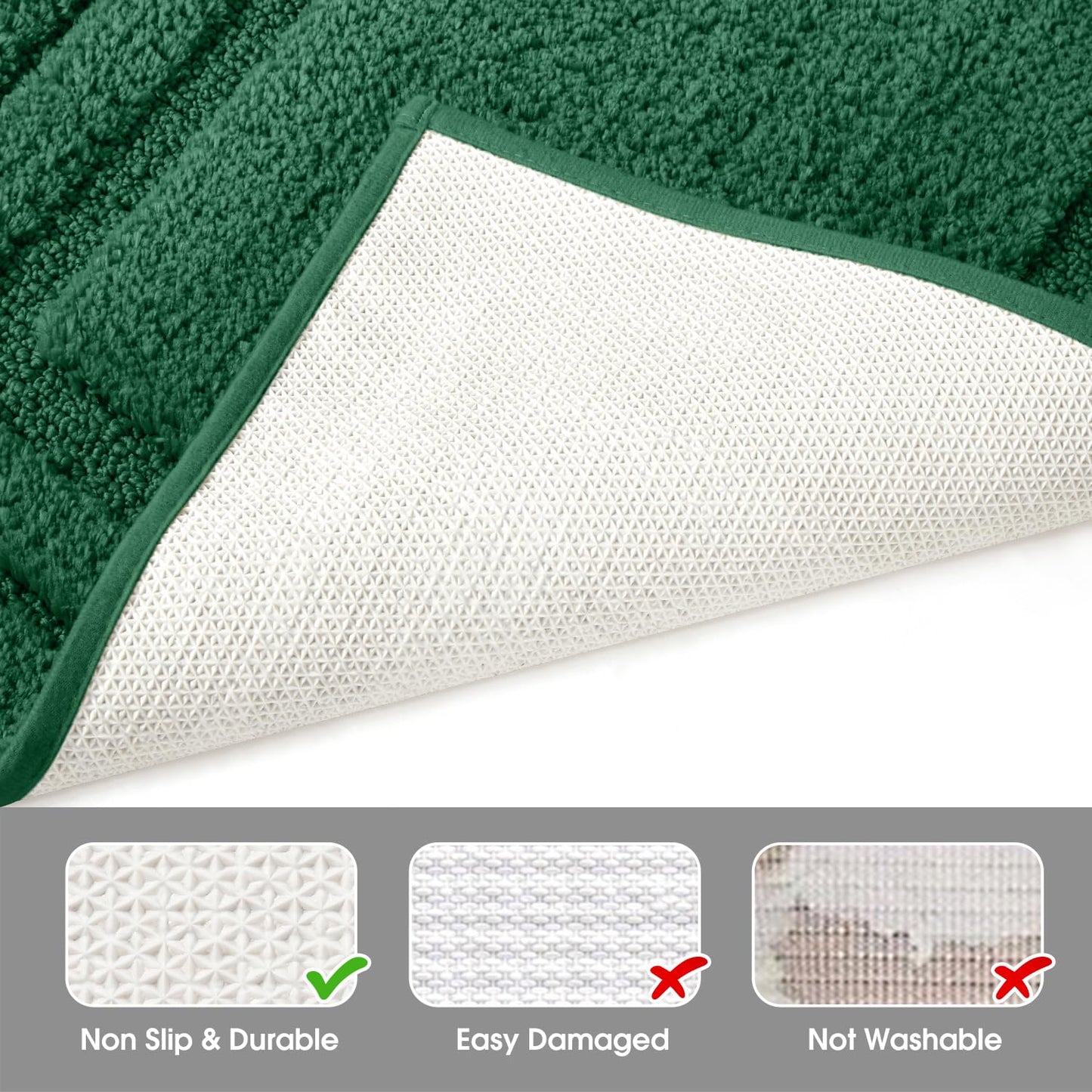 HOMEIDEAS Bathroom Rugs Sets 3 Piece, Super Soft and Absorbent Non Slip Microfiber Toilet Bath Mat with U-Shaped (Dark Green)