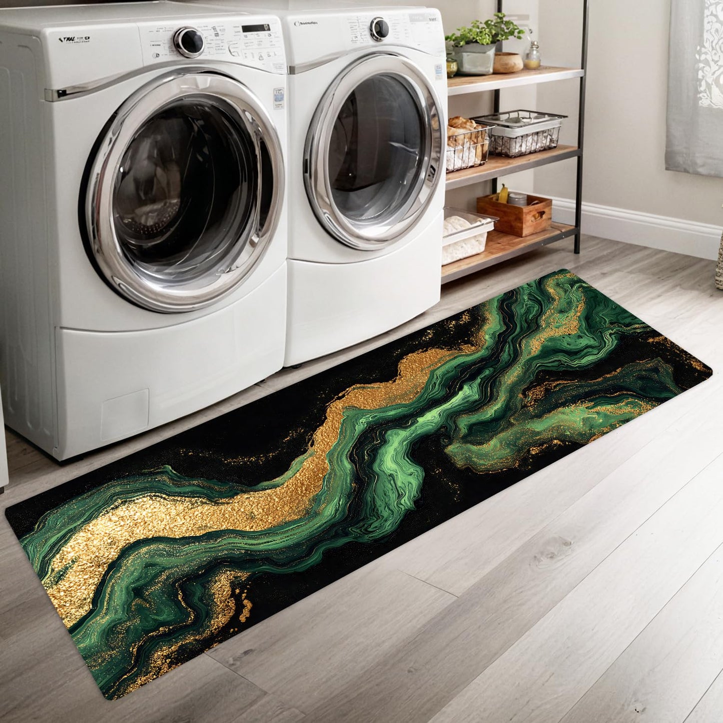ANNA QUEEN Green Marble Pattern Laundry Room Rug 20x47 Inch – Non Slip Green Marble Pattern Mat for Laundry Room, Kitchen, Entryway, Holiday Decor