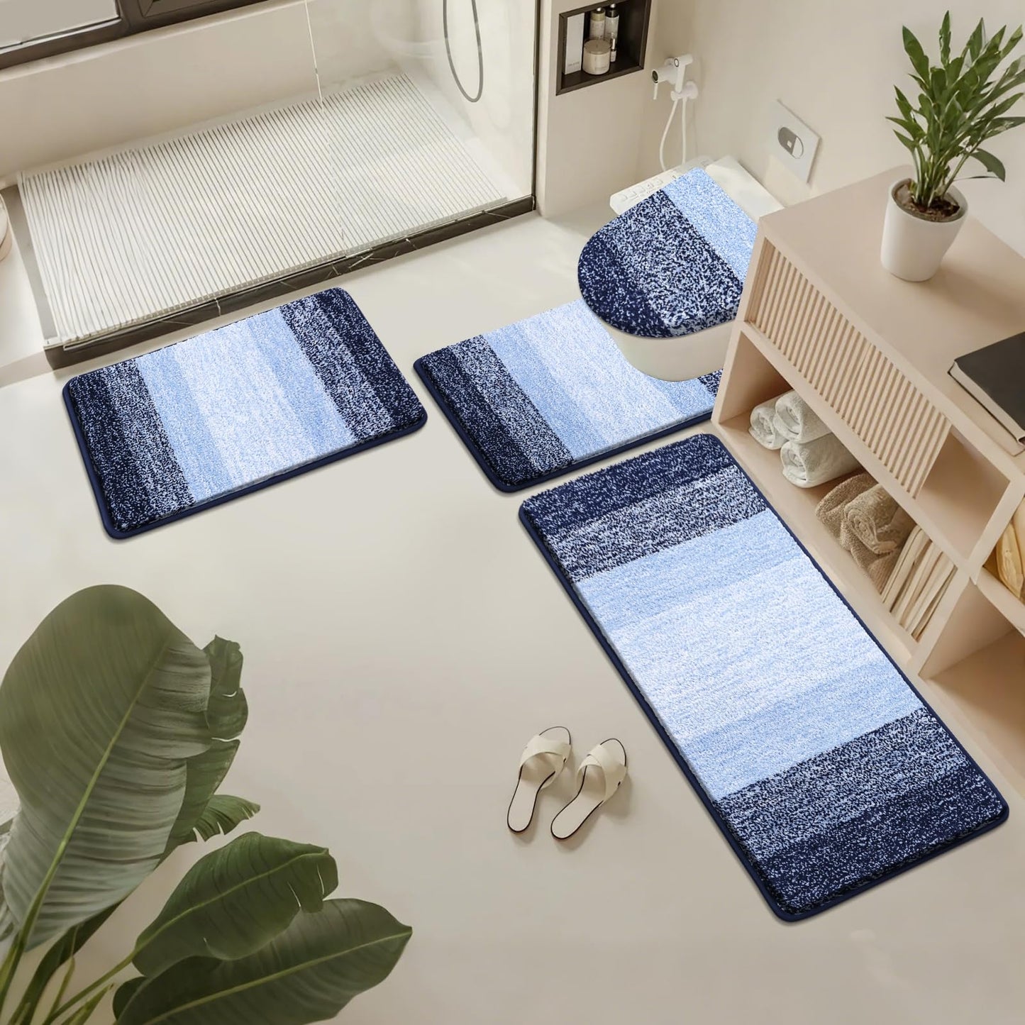 Bsmathom Bathroom Rugs Sets 4 Piece, Soft Absorbent Microfiber Bath Rugs with U-Shaped Contour Toilet Rug and Toilet Lid Cover, Thick Non-Slip Plush Shaggy Bath Mat Set,Navy Blue