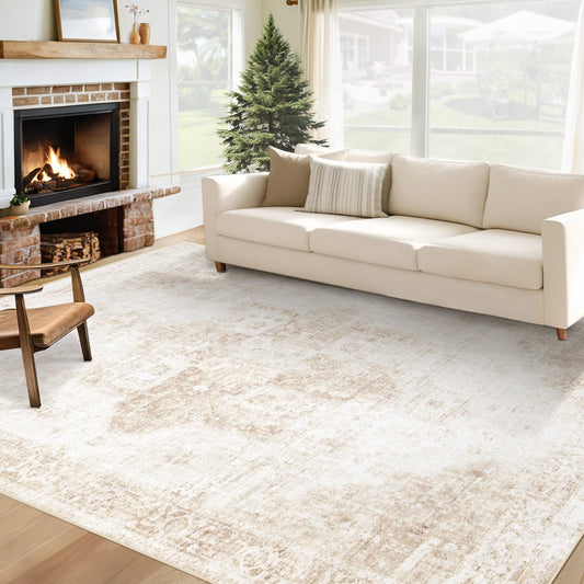VECARF Area Rug 6x9 Washable Rug, Vintage Boho Medallion Rugs Non-Slip Soft Low Pile Large Distressed Rug Indoor Retro Carpet for Living Room Bedroom Dining Room Home Office (Beige, 6'x9')
