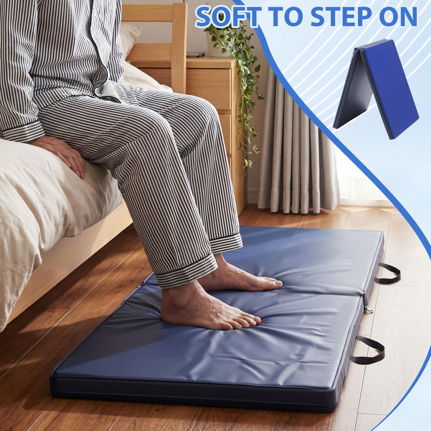 Wesiti 1 Pcs Fall Mat for Elderly Bedside, 70" x 24" x 2" Non Slip Foldable Floor Mat for Seniors Safety Fall Prevention for Handicap, Anti Fatigue Crash Bed Pad (Blue)