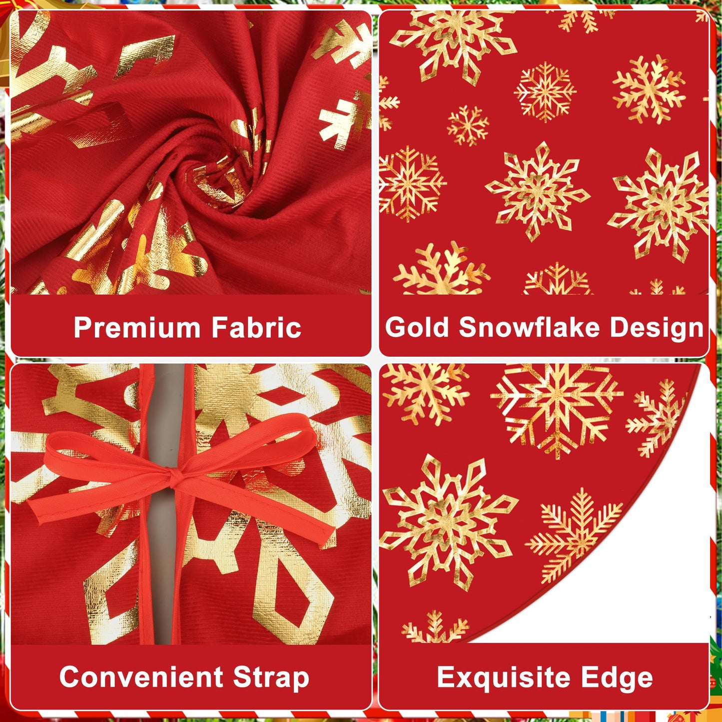 48 Inch Christmas Snowflake Tree Skirt Gold Snowflake Red Christmas Tree Skirt Large Red Round Xmas Trees Mat with Gold Snowflakes for Winter Holiday New Year Party Xmas Trees Home Decor