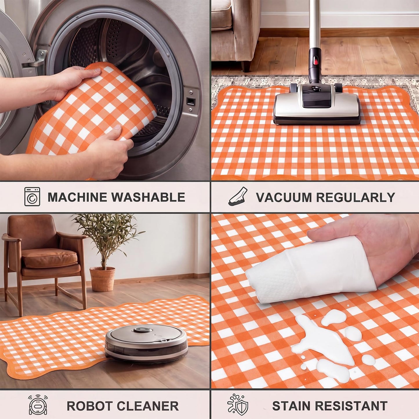 Breling Orange and White Scalloped Plaid Entryway Rug 16.5 x 27.5 Buffalo Checkered Indoor Mat Washable Non-Slip Gingham Door Rug for Entryway Entrance Bedroom Kitchen Living Room Decor