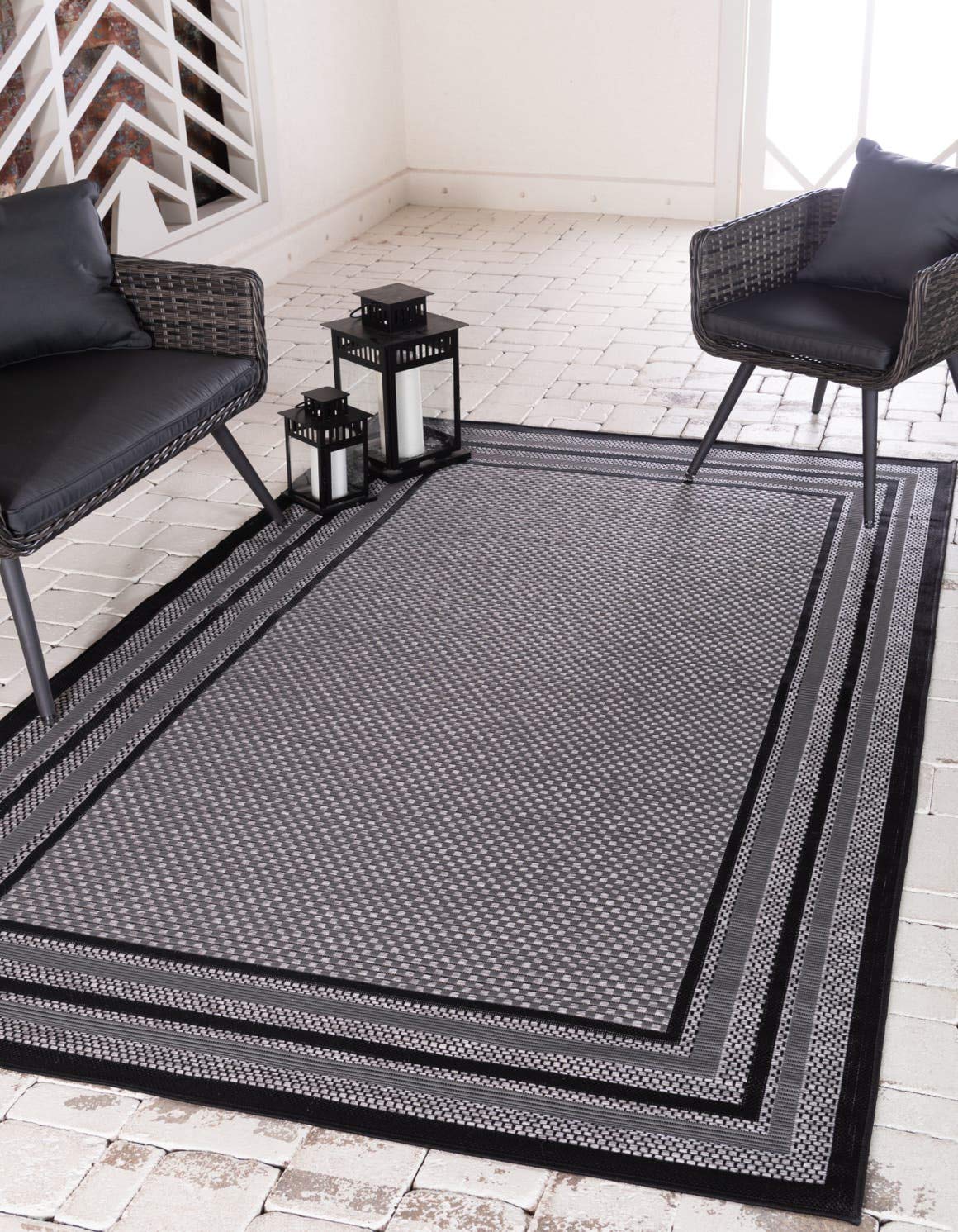 Unique Loom Outdoor Border Collection Area Rug - Multi Border (4' x 6' Rectangle, Gray/ Black)