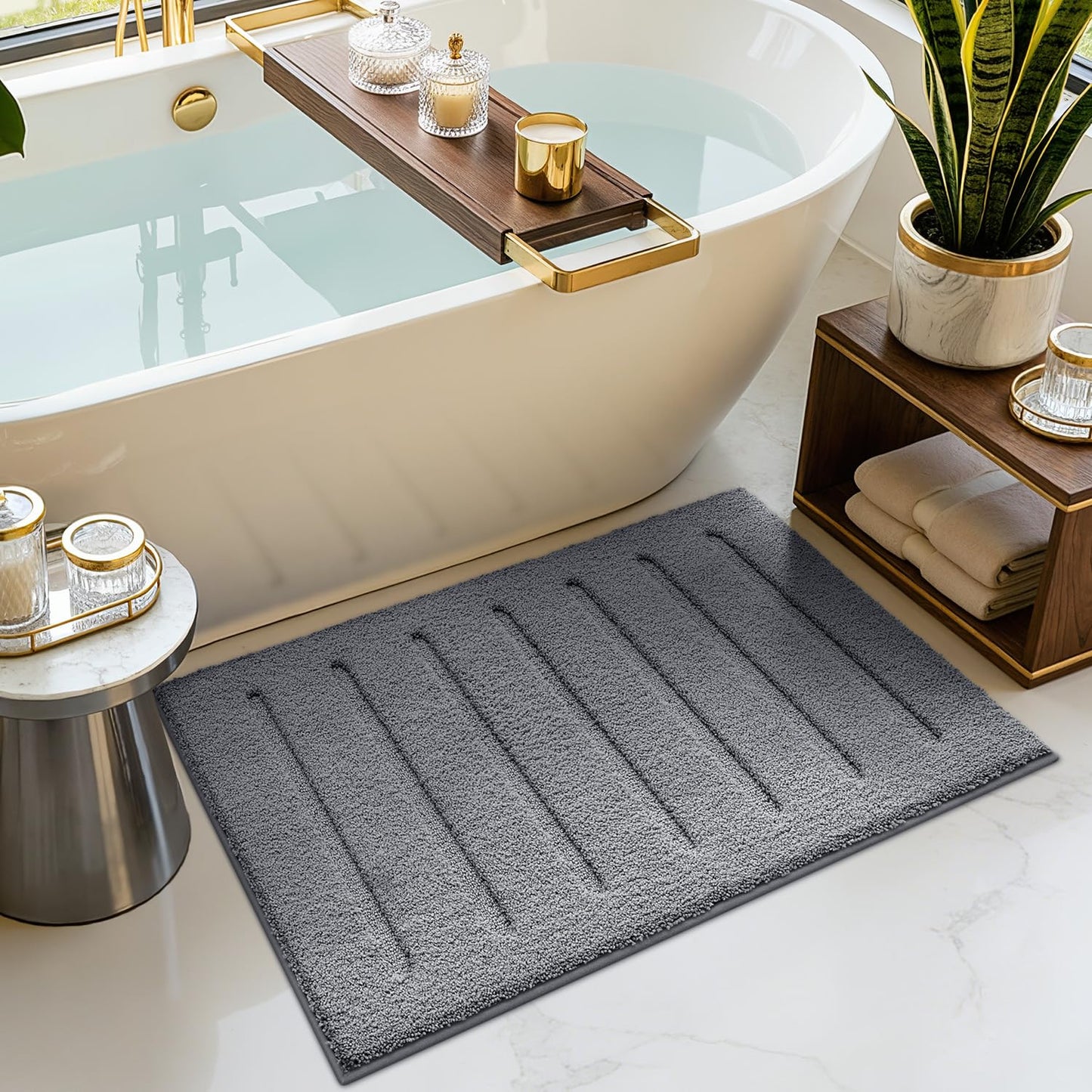 LUMI Non-Slip Skin-Friendly Bathroom Rugs, Hotel Quality Bath Mats for Bathroom, Washable Fluffy Shower Mat, Minimalist Luxury Striped Style,Ideal for Floor, Shower Tub, Entryway, 17"x30", Grey