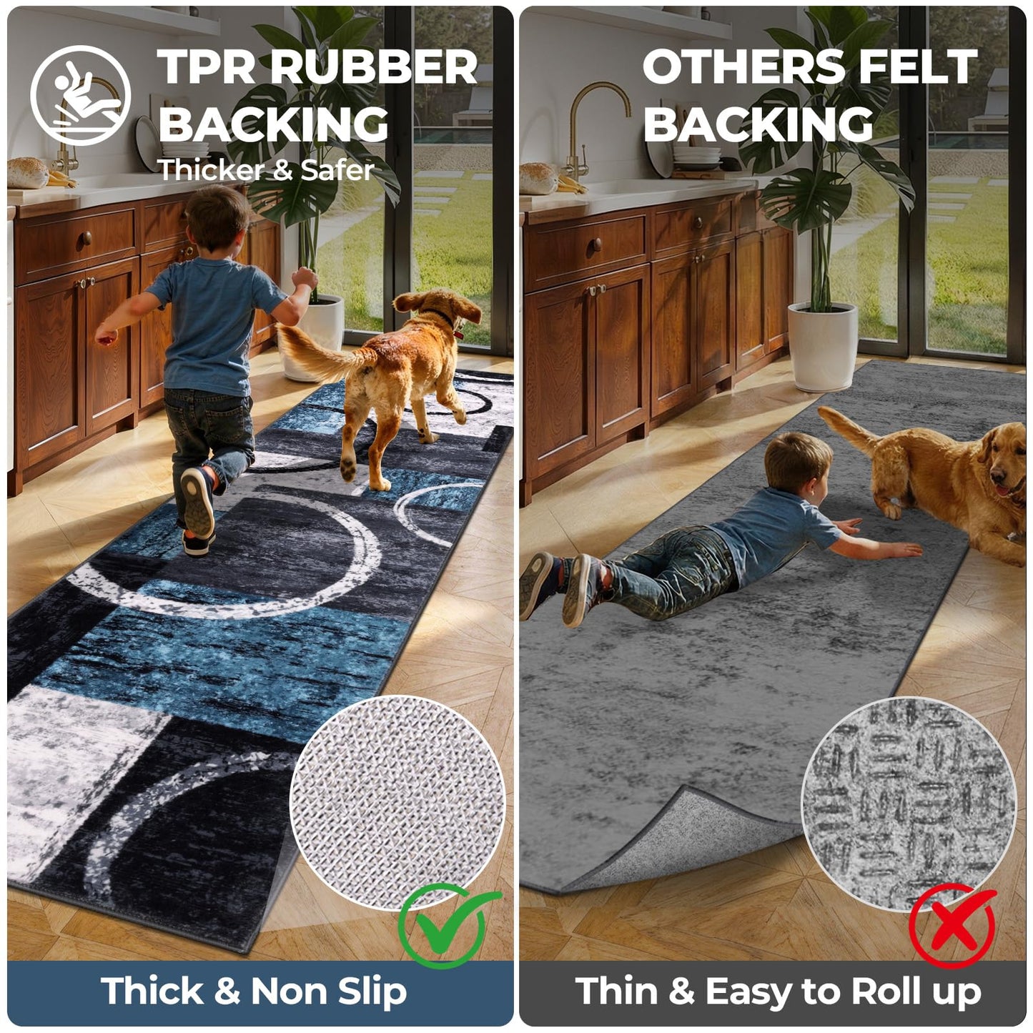 Yamaziot Modern Abstract Runner Rug, Ultra Soft 2x8 Washable Rug with Non-Slip Backing, Low Pile Patchwork Throw Carpet for Hallway, Entryway, Kitchen, Bedroom (Blue, Geometric Circle)