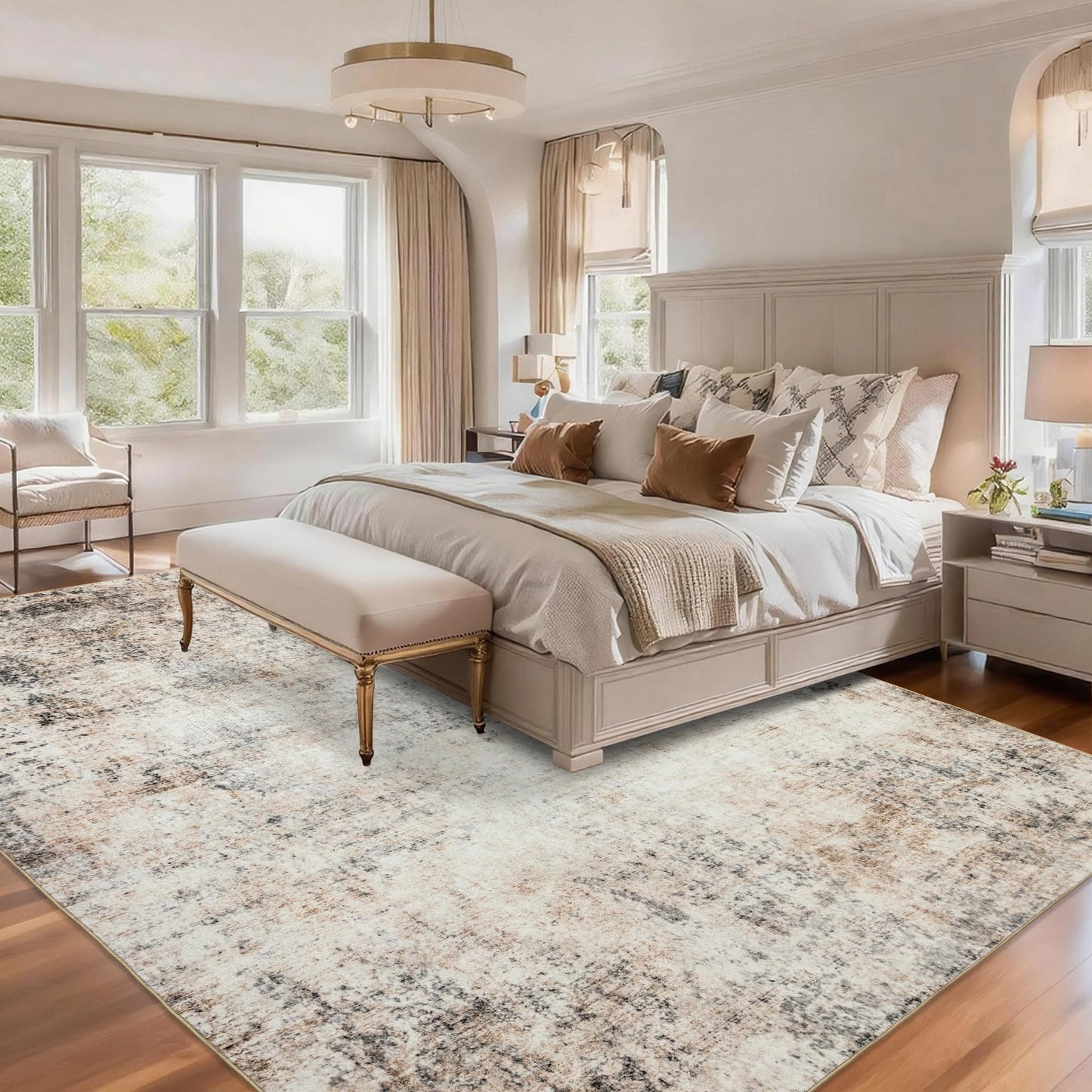 Washable Abstract Living Room Rugs: 8x10 Modern Neutral Indoor Rug for Bedroom Dining Room - Soft Thin Rubber Backing Easy Clean Floor Carpet Contemporary Home Decor - Beige Brown