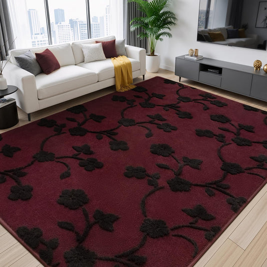 Maxsoft 4x6 Area Rugs for Living Room, Modern Washable Memory Foam Rug for Bedroom, Burgundy Red Floral Thickened Minimalist Rugs Non Slip Indoor Carpet for Boys Girls Adults Dorm Nursery Home Decor