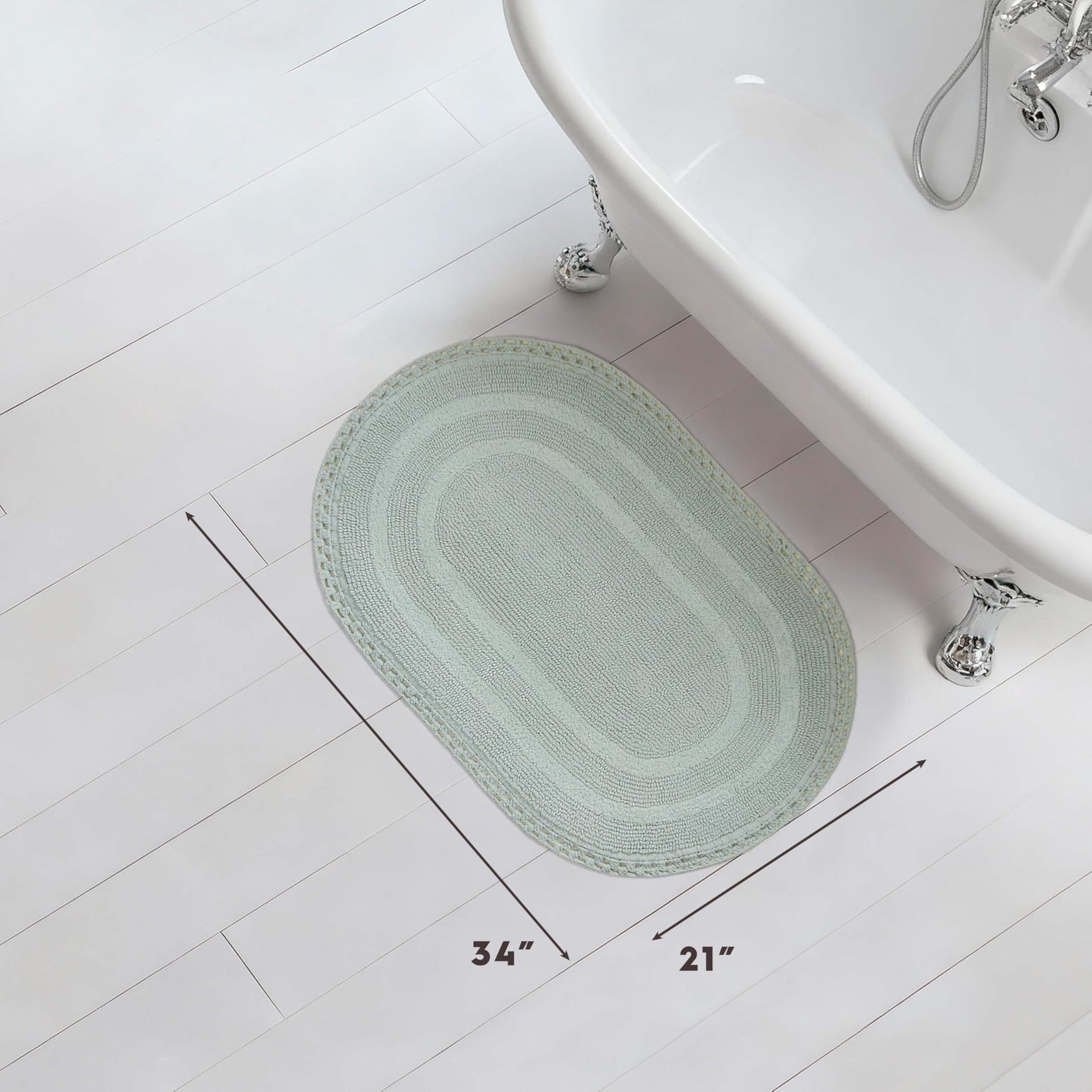 Laura Ashley Camilla 100% Cotton Oval Bath Mat with Crochet Border, Soft & Absorbent, Light Green 21" x 34" Bathroom Rug