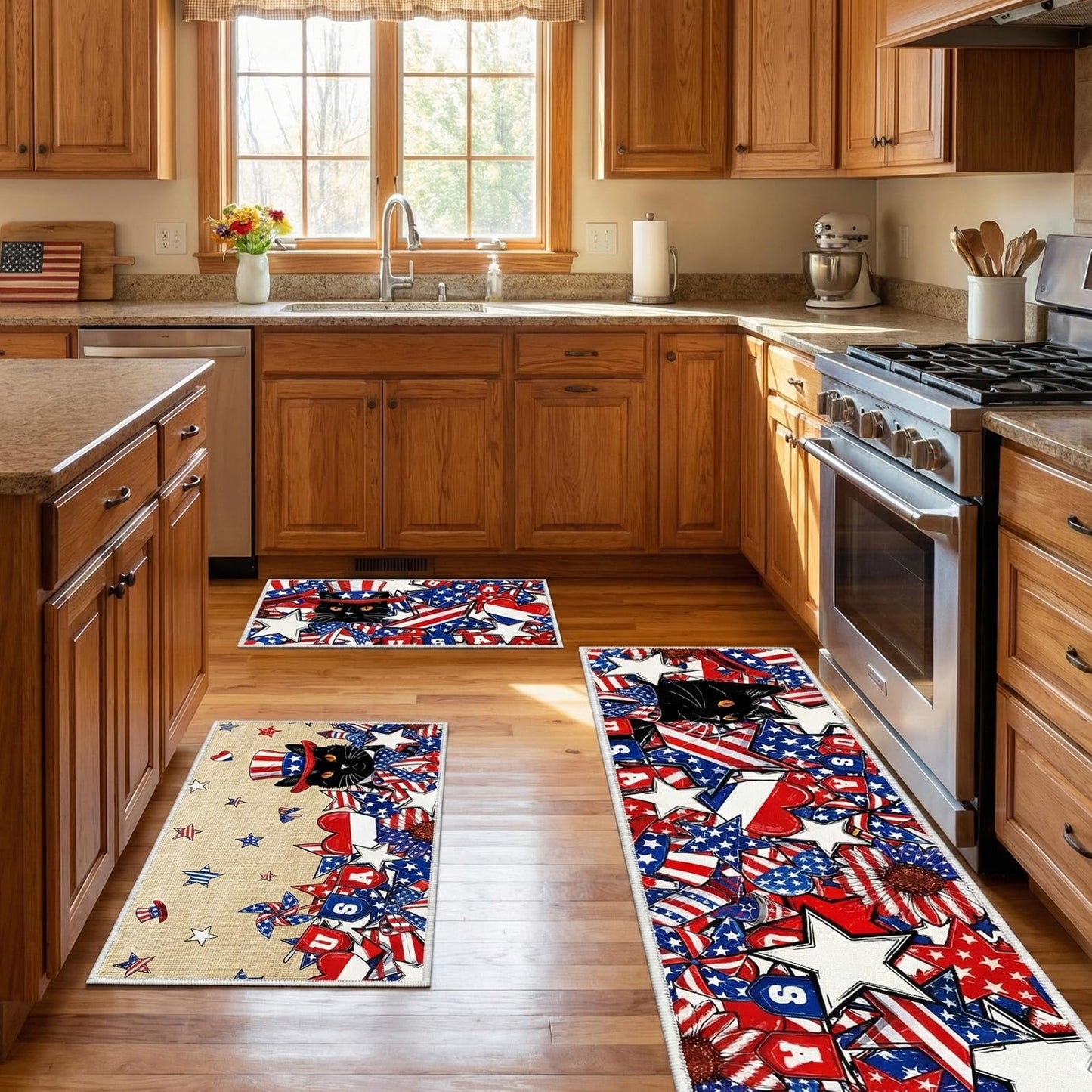 Yoyuspy Kitchen Mats for Floor Decor, 4th of July Black Cat Kitchen Rug Non Slip Washable Sets of 3, Patriotic Floor Mat for Home Sink and Laundry 16x28+16x47 Inch