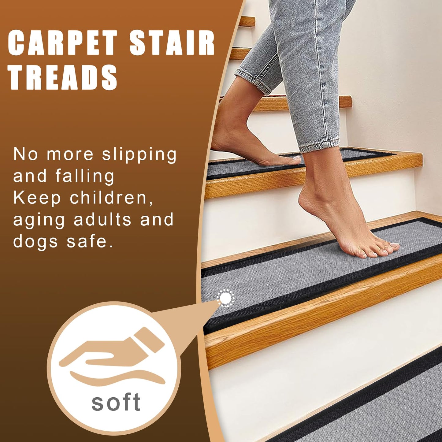 Stair Treads for Wooden Steps Indoor,12 Pack Non Slip Stair Runner 30inX8in with Non Slip Rubber Backing, 100% Polyester Soft Stair Carpet Treads for Kids、Elders and Pets, SmokeGray-Black