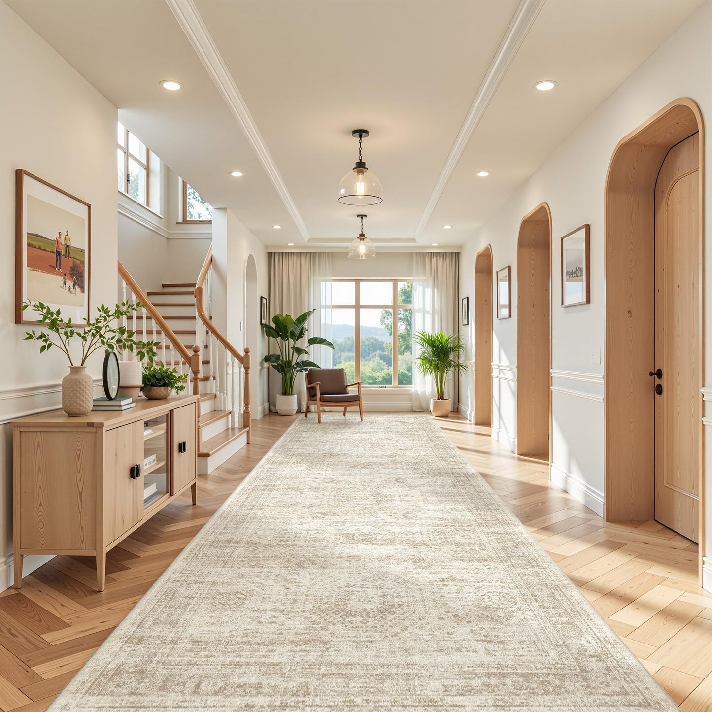 Restydon 4x12 Runner Rug for Hallway, Low-Pile Wide Runner for Entryway, Long Washable Non-Slip Kitchen Rug, Soft Modern Home Decor Mat for Living, Laundry Room(4'x12', Beige/Ivory)
