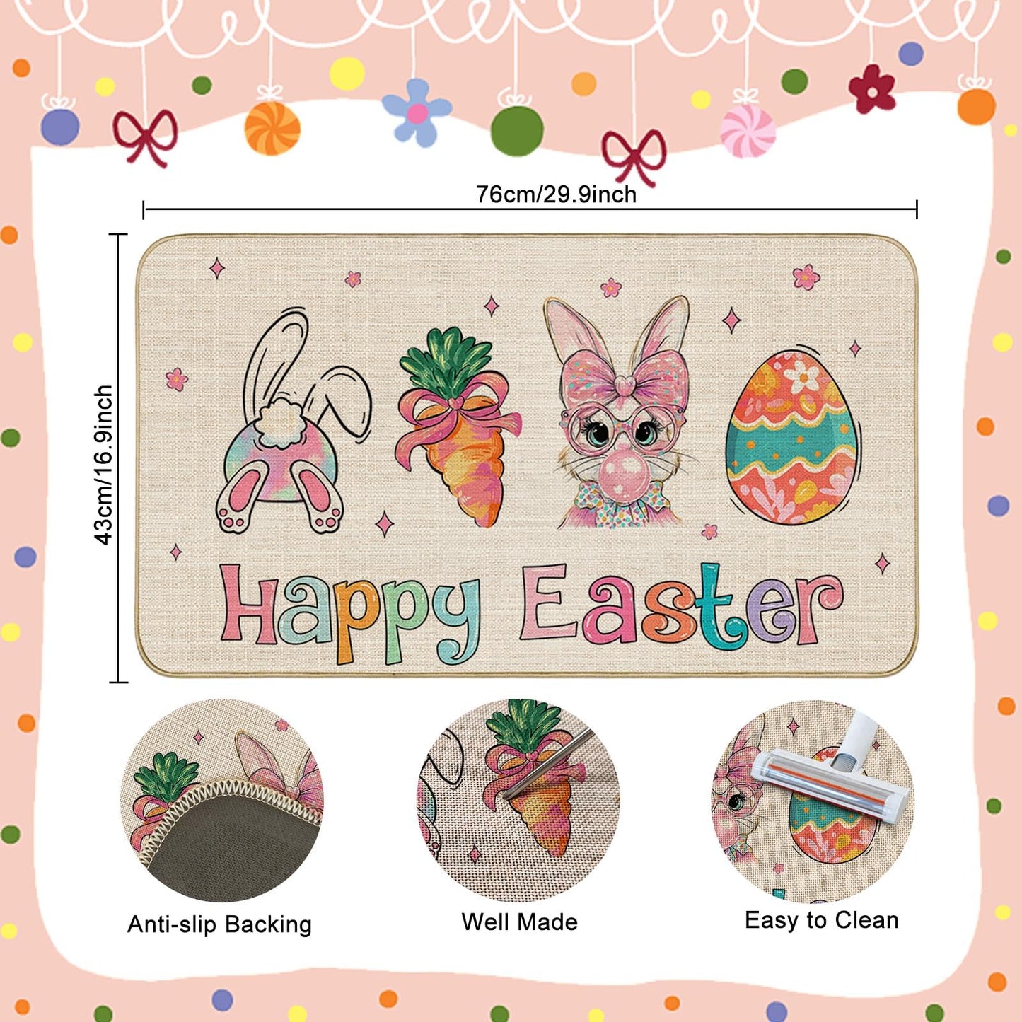 Mocsicka Easter Door Mat Bunny Eggs Welcome Doormat for Indoor Outdoor Spring Floor Mat Entry Welcome Rug Non-Slip Washable for Porch Front (Beige, 16x29inch)