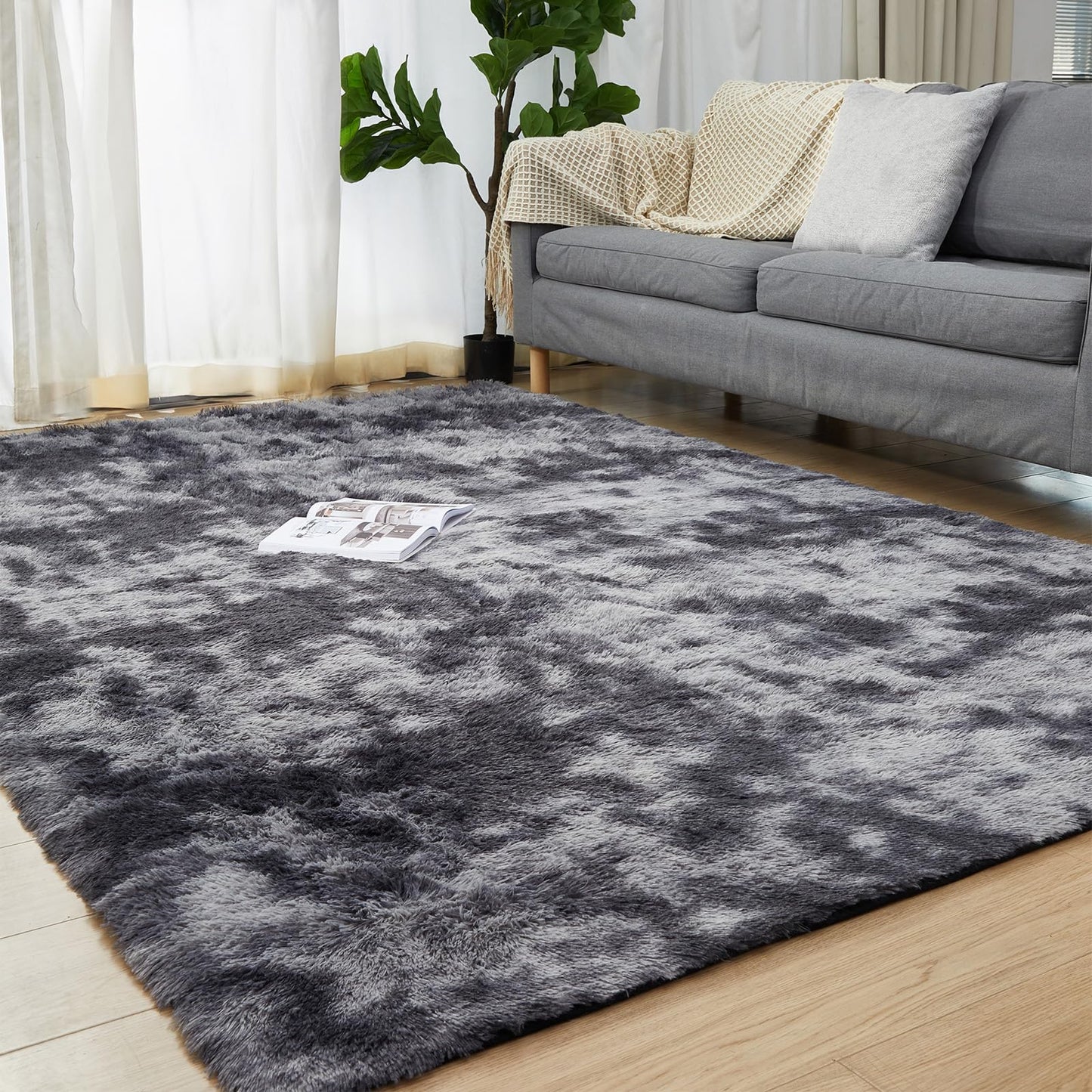 Humube Large 6x9 Area Rugs for Living Room, Indoor Shaggy Rugs for Bedroom, Anti-Slip Fluffy Shag Rugs Fuzzy Furry Plush Rugs for Kids Girls Room Decor, Tie-Dyed Dark Grey
