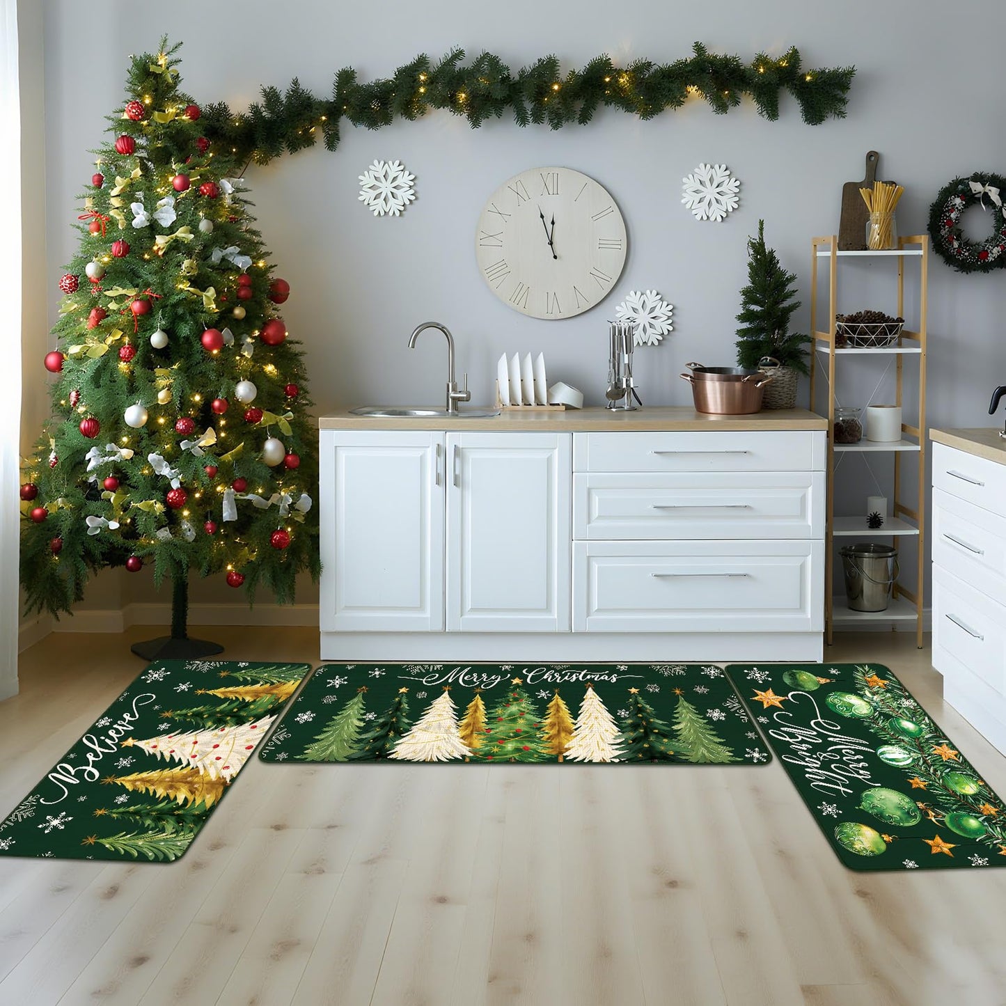 Drydiet 3 Pcs Green Christmas Kitchen Rug and Mat Set Xmas Tree Snowflakes Kitchen Floor Mat Waterproof Non Slip Farmhouse Merry Christmas Doormat Holiday Xmas Decor for Home Office Bathroom Decor