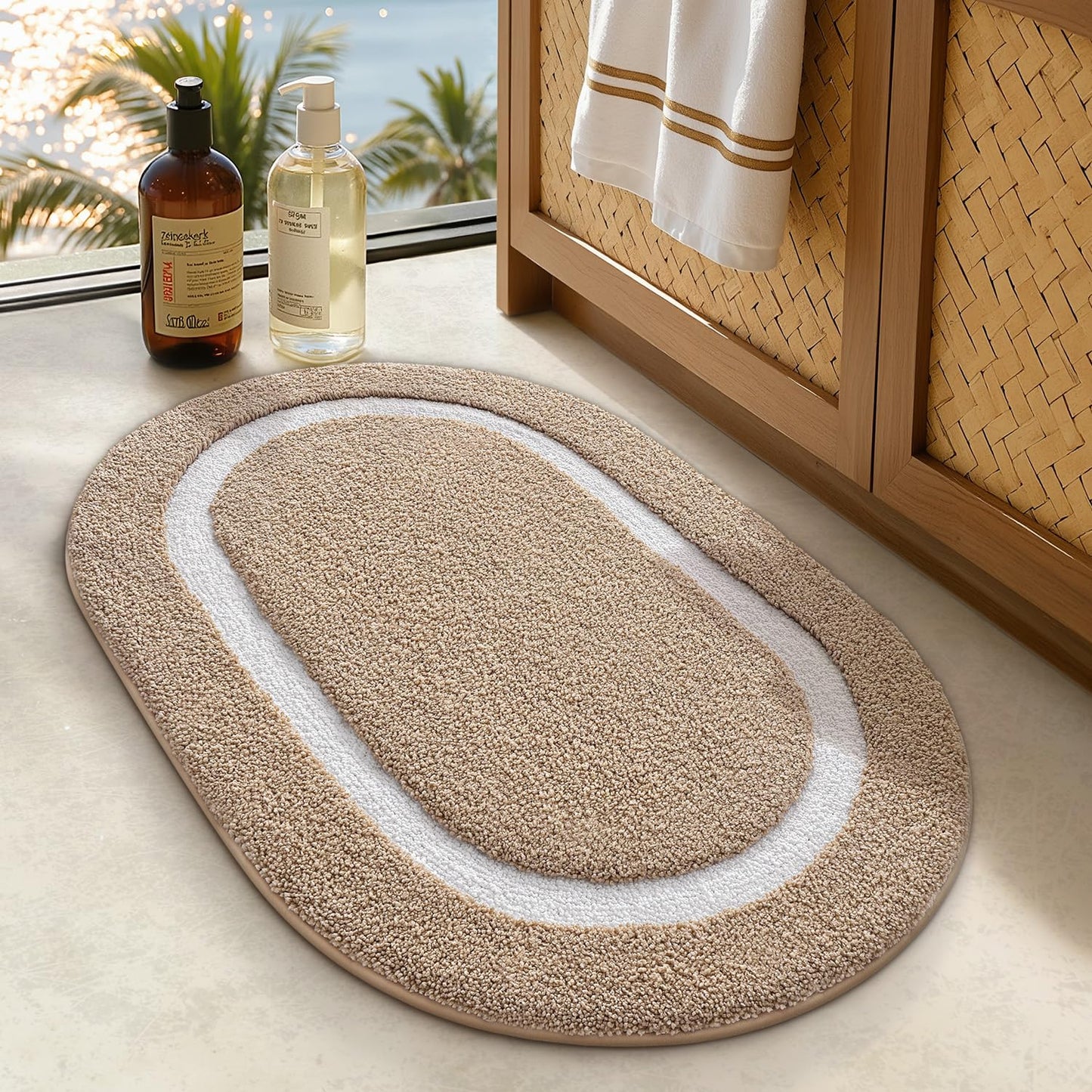 LUMI Bath Mat Oval Bathroom Rug, 20"x32" Non Slip Washable Bathroom Mats, Premium Water Absorbent Shower Rug for Accessories Decor, Khaki