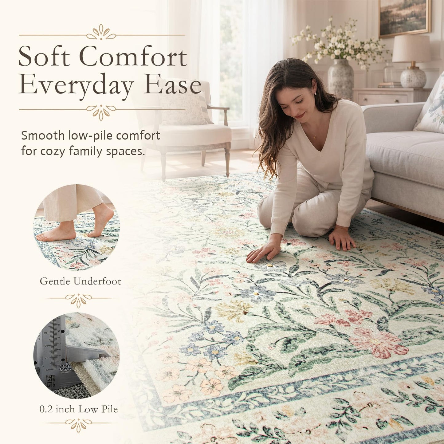 Wonnitar Floral Round Rugs 6ft, Boho Large Machine Washable Circle Rug, Low Pile Soft Flower Botanical Print Beige Round Carpet for Living Room Bedroom Dorm Sunroom