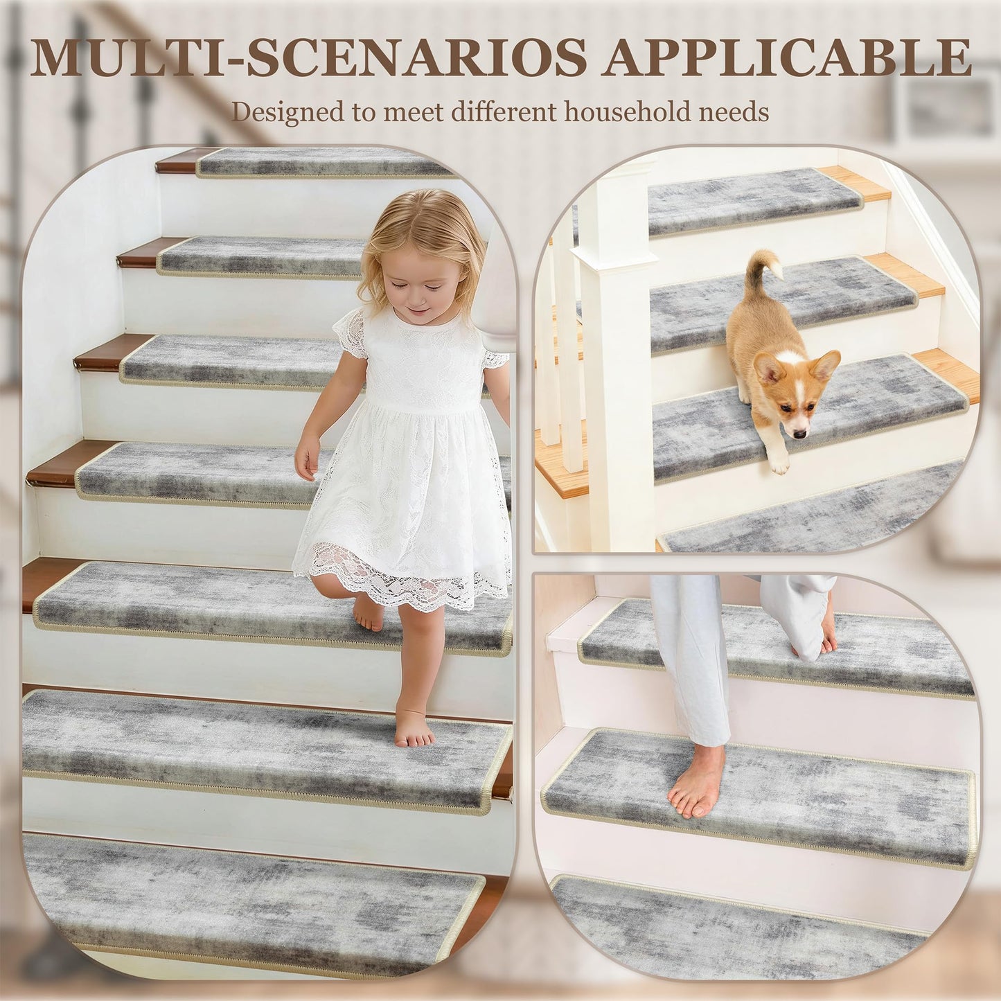 TANVILL Bullnose Stair Treads for Wooden Steps, Non-Slip Peel and Stick Carpet Stair Runner, Pet Friendly Indoor Stair Protectors, Soft Washable Reusable,9.5x30 14Pcs,Grey