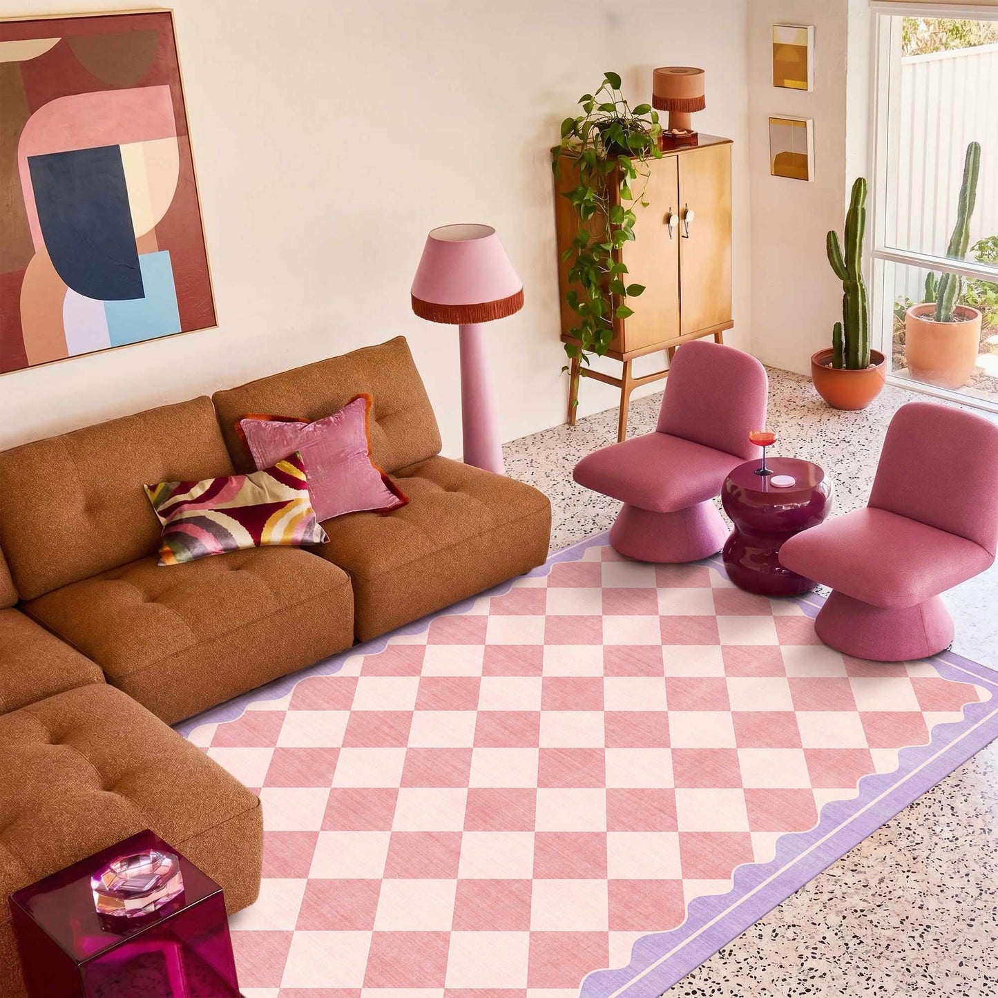 OHWPEAT Pink Purple Checkered Washable 5x7 Area Rug for Living Room, Non Slip Low Pile Cute Rug for Nursery, Soft Indoor Carpet for Bedroom, Kids Nursery, Classroom, Playroom, Kitchen, Dining, Dorm