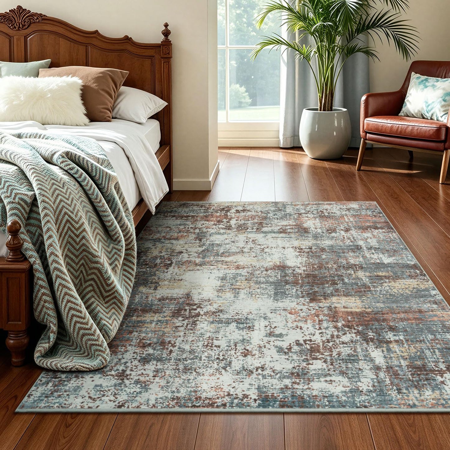 RUGVIGO 3x5 ft Washable Non-Slip Area Rug, Red Accent Rugs for Entryway Kitchen Indoor Door Mat, Soft Neutral Abstract Modern Farmhouse Carpet Bedroom Laundry Room Decor