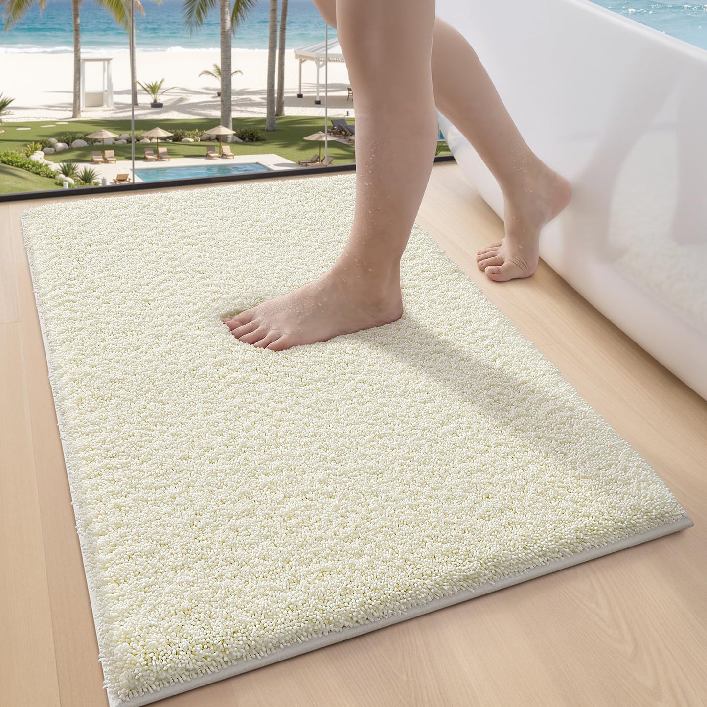 LUMI Cream Bathroom Rugs with Rubber Backing, 20x32 Absorbent Extra Thick Soft Plush Microfiber Bath Mat, Machine Washable Carpet for Bathroom Shower, Tub, Sink, Hotel