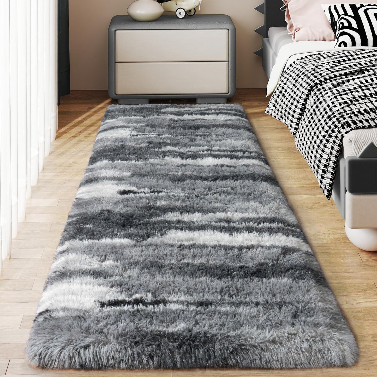 Ailyei Soft Runner Rugs for Bedroom Hallways, 2x6 Abstract Grey Fluffy Shag Throw Area Rug Non Slip for Bedside Dorm, Long Shaggy Furry Carpet for Nursery Living Room