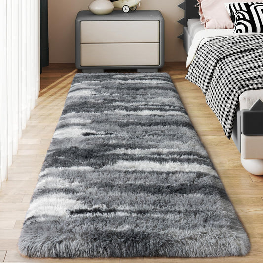 Ailyei Soft Runner Rugs for Bedroom Hallways, 2x6 Abstract Grey Fluffy Shag Throw Area Rug Non Slip for Bedside Dorm, Long Shaggy Furry Carpet for Nursery Living Room