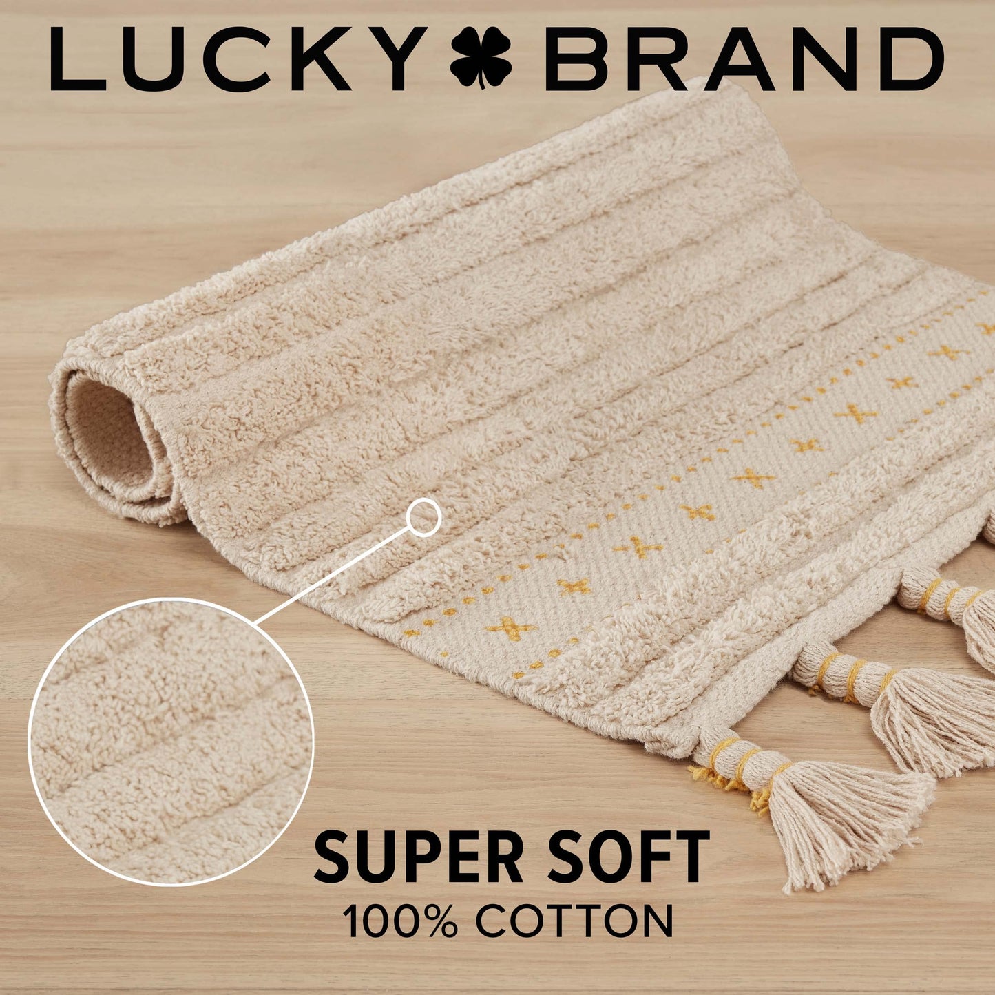 Lucky Brand Overtufted Cotton Fringe Bath Rug with Tassels, 20"x68", Yellow Ochre