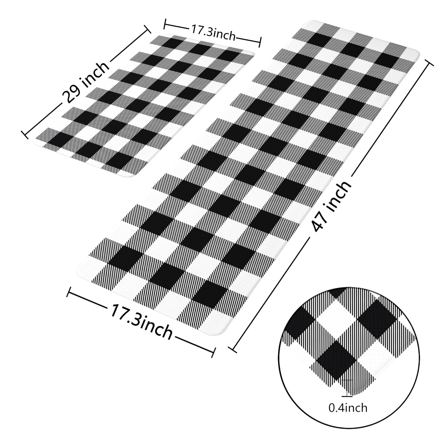 VivaNest Black Buffalo Check Plaid Grid Kitchen Rug Sets [2 PCs], Anti-Fatigue, Waterproof Non-Slip Kitchen Mats Heavy Duty Ergonomic Comfort Foam Rug for Floor, Home, Laundry,17.3"x29"+17.3"x47"