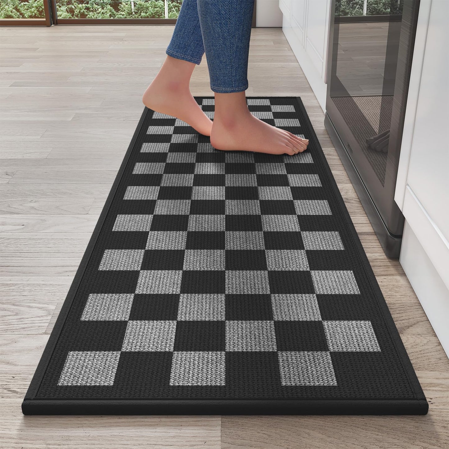 YDKGL Kitchen Mats for Floor Kitchen Rugs Non Slip Washable, Super Absorbent Linen-Look Woven Runner Rug, Kitchen Sink Mat Standing Mat, Black Gray Checkered 17"x47"