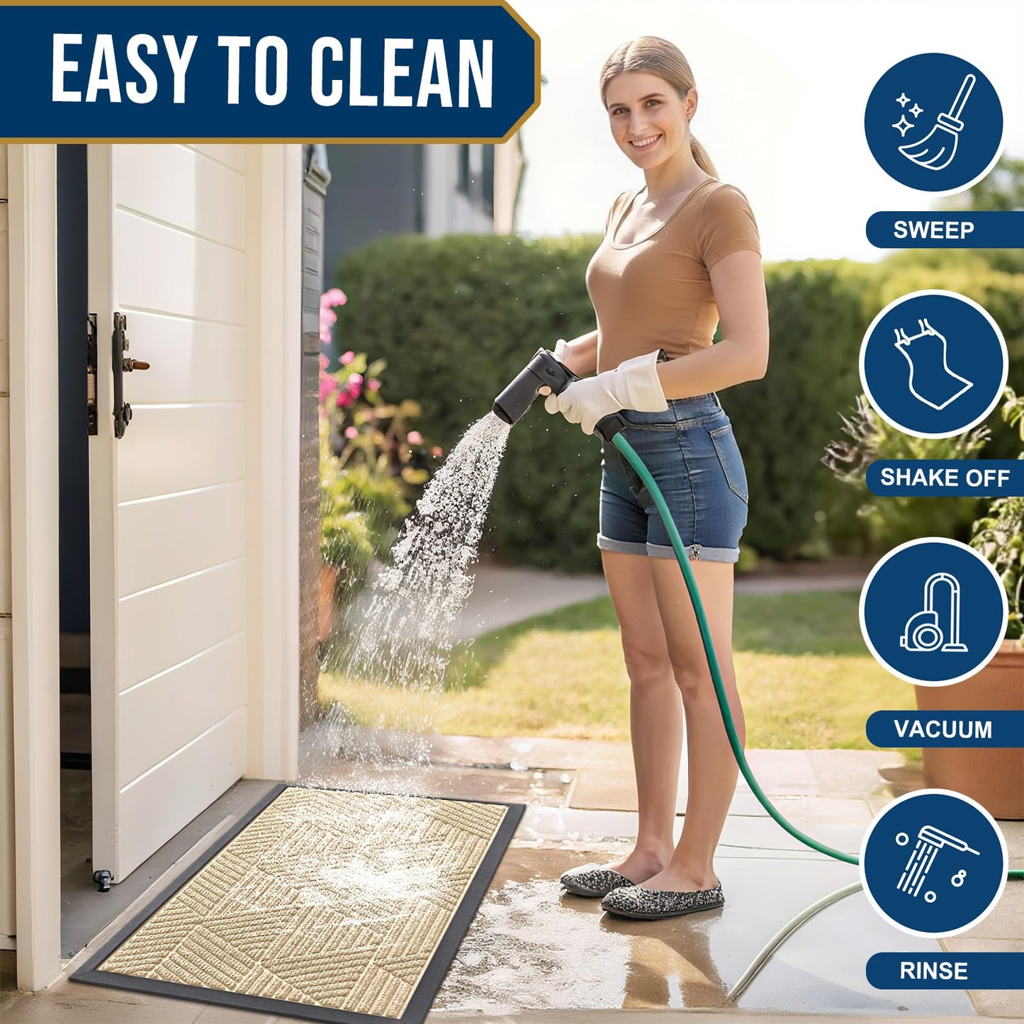 Smiry Front Door Mat Outside Entrance, Heavy Duty Sturdy Natural Rubber Doormat, Trap Dirt and Moisture, Easy Clean Low Profile Mats for Indoor Outdoor Entry, Irregular Triangle (29.5x17, Beige)