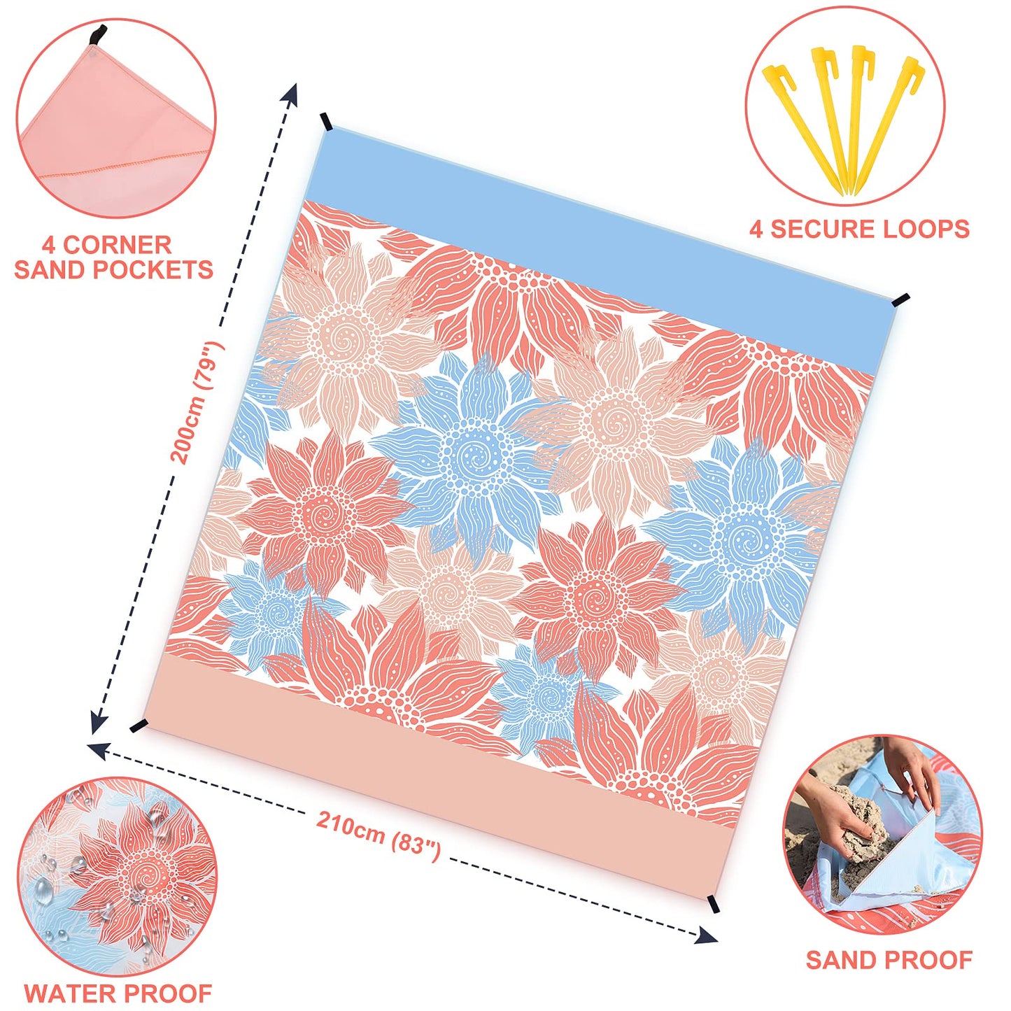 WIWIGO Beach Blanket Sandproof Extra Large Beach Mat Adults Waterproof Quick Drying Sand Free Mat Made By Premium Polyester with 4 Stakes & 4 Corner Pockets for Outdoor Travel Camping Hiking