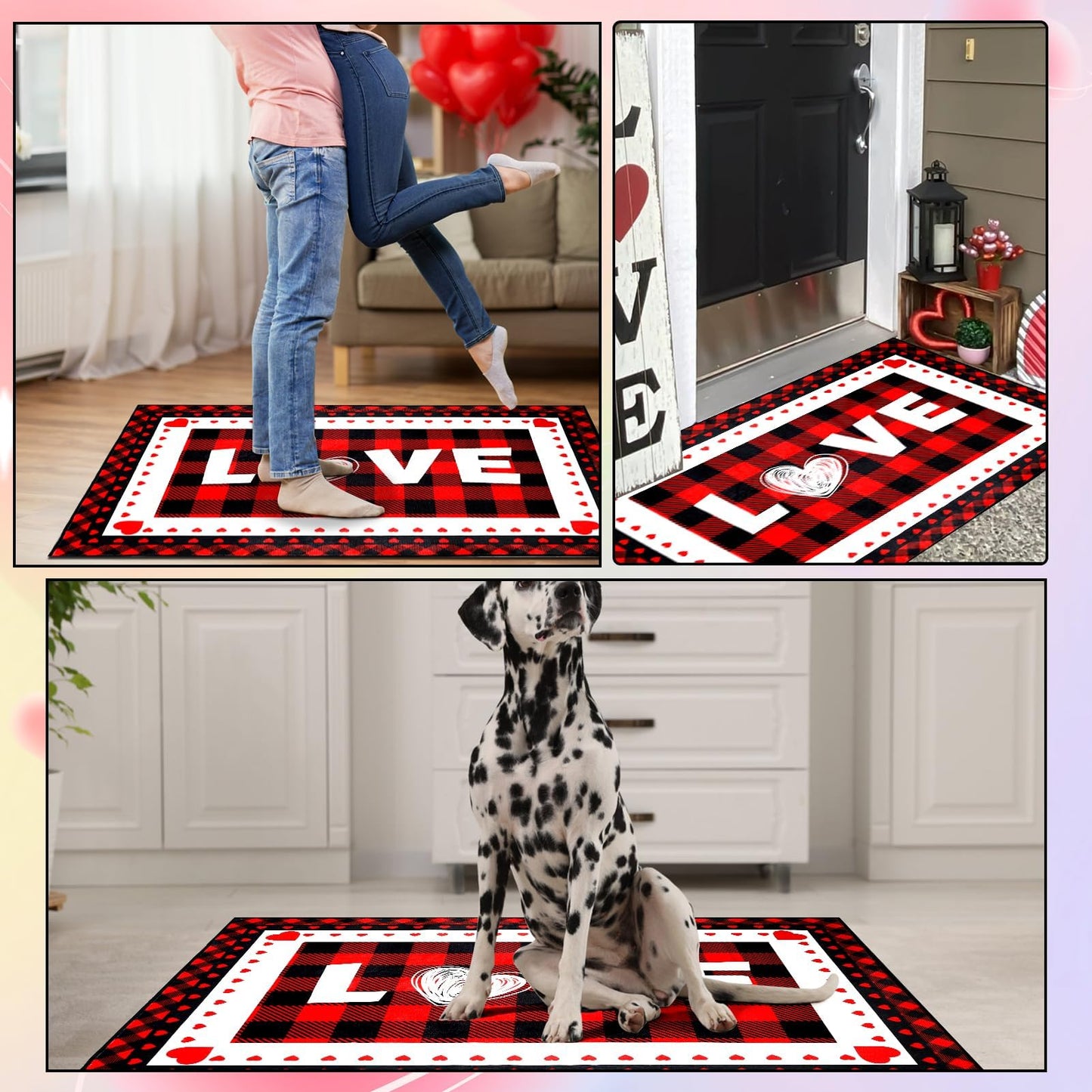 Svepndic Valentine's Day Mat 32"x48" Non Slip Holiday Floor Mat,Welcome Doormat Red Front Door Rug,Washable Entrance Door Mats Low Profile Buffalo Plaid Rug Love Heart Decorative Doormat